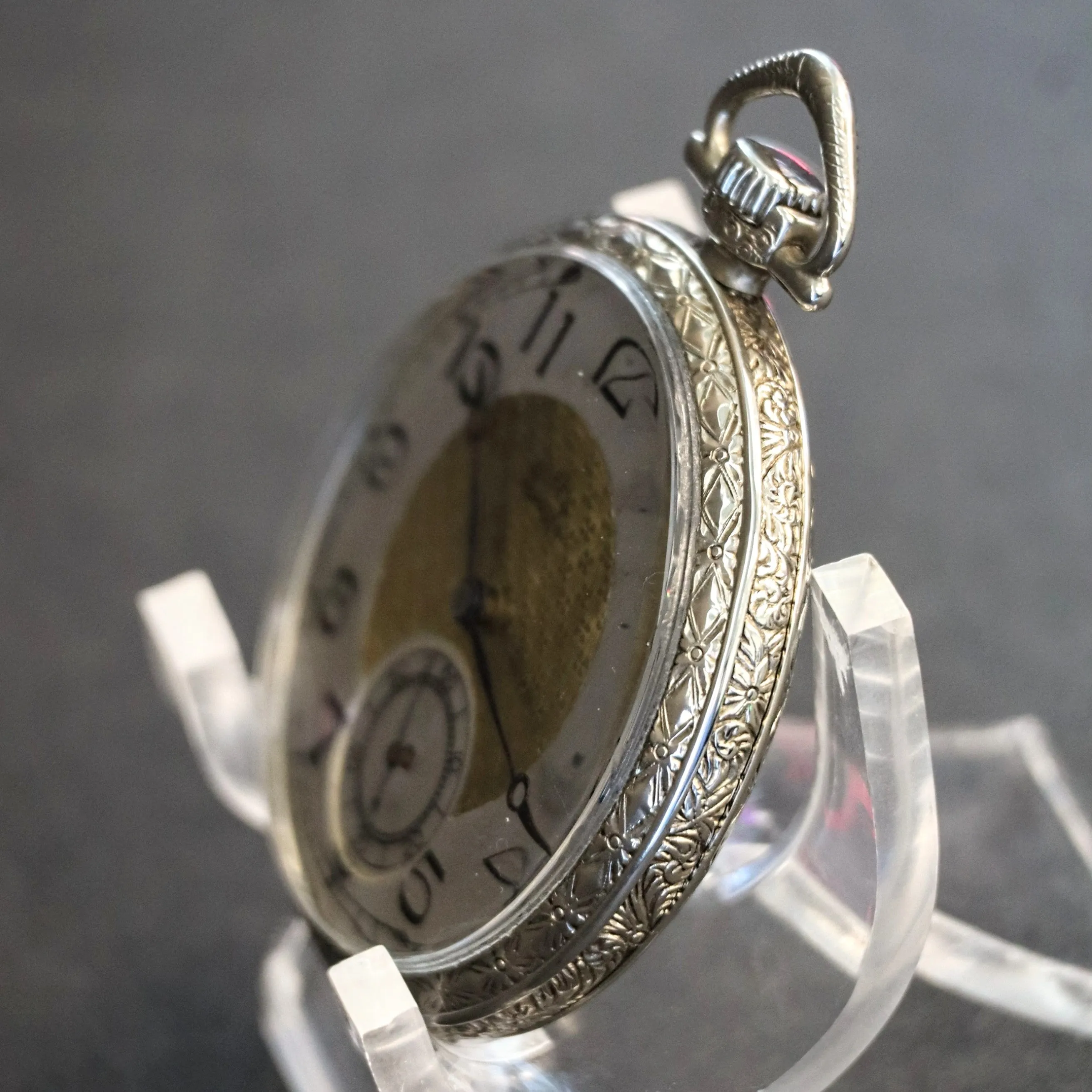 1916 DUBER - HAMPDEN Dress Pocket Watch Grade "The Minute Man" 17 Jewels 12s Openface Engraved Decorative 14K White G.F.