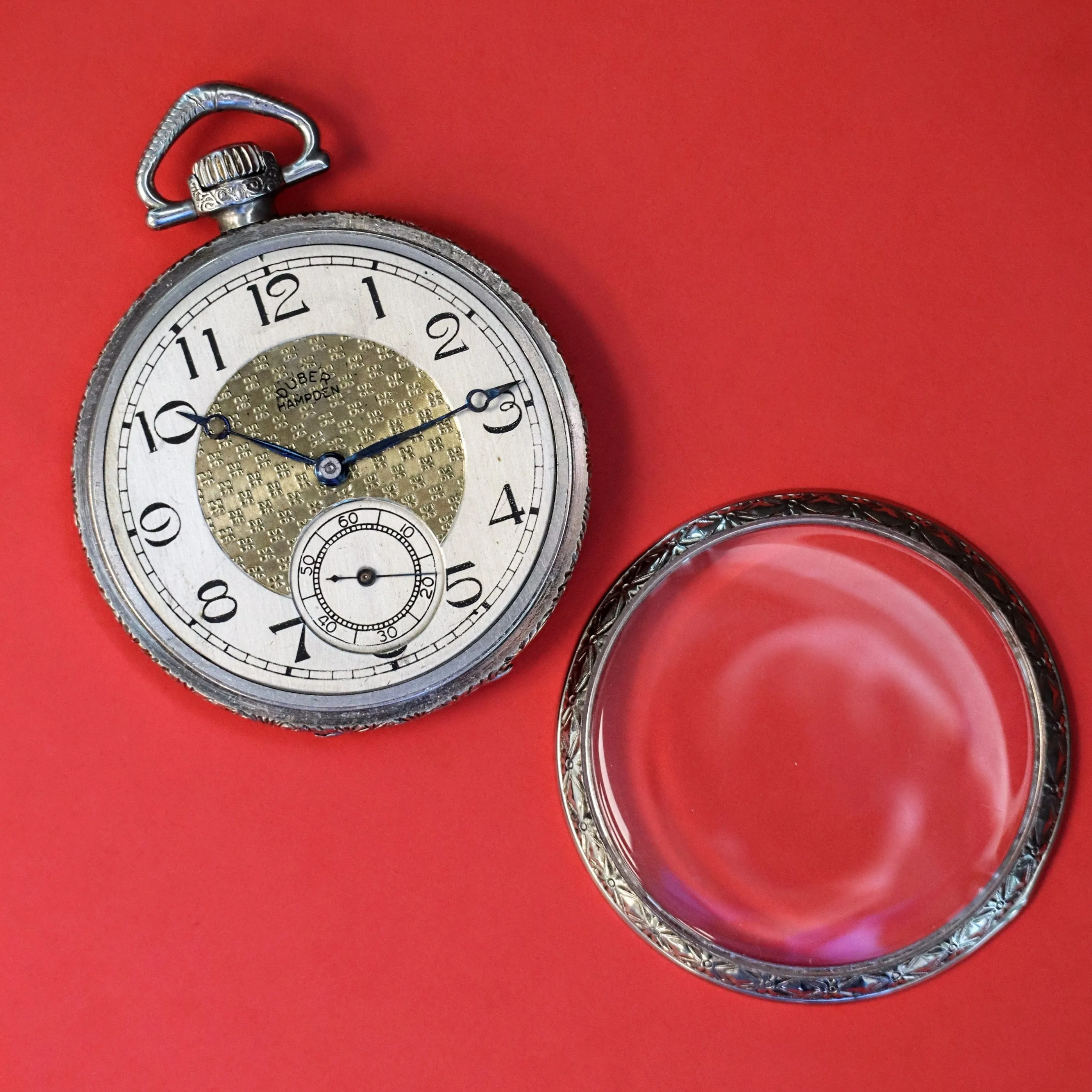 1916 DUBER - HAMPDEN Dress Pocket Watch Grade "The Minute Man" 17 Jewels 12s Openface Engraved Decorative 14K White G.F.