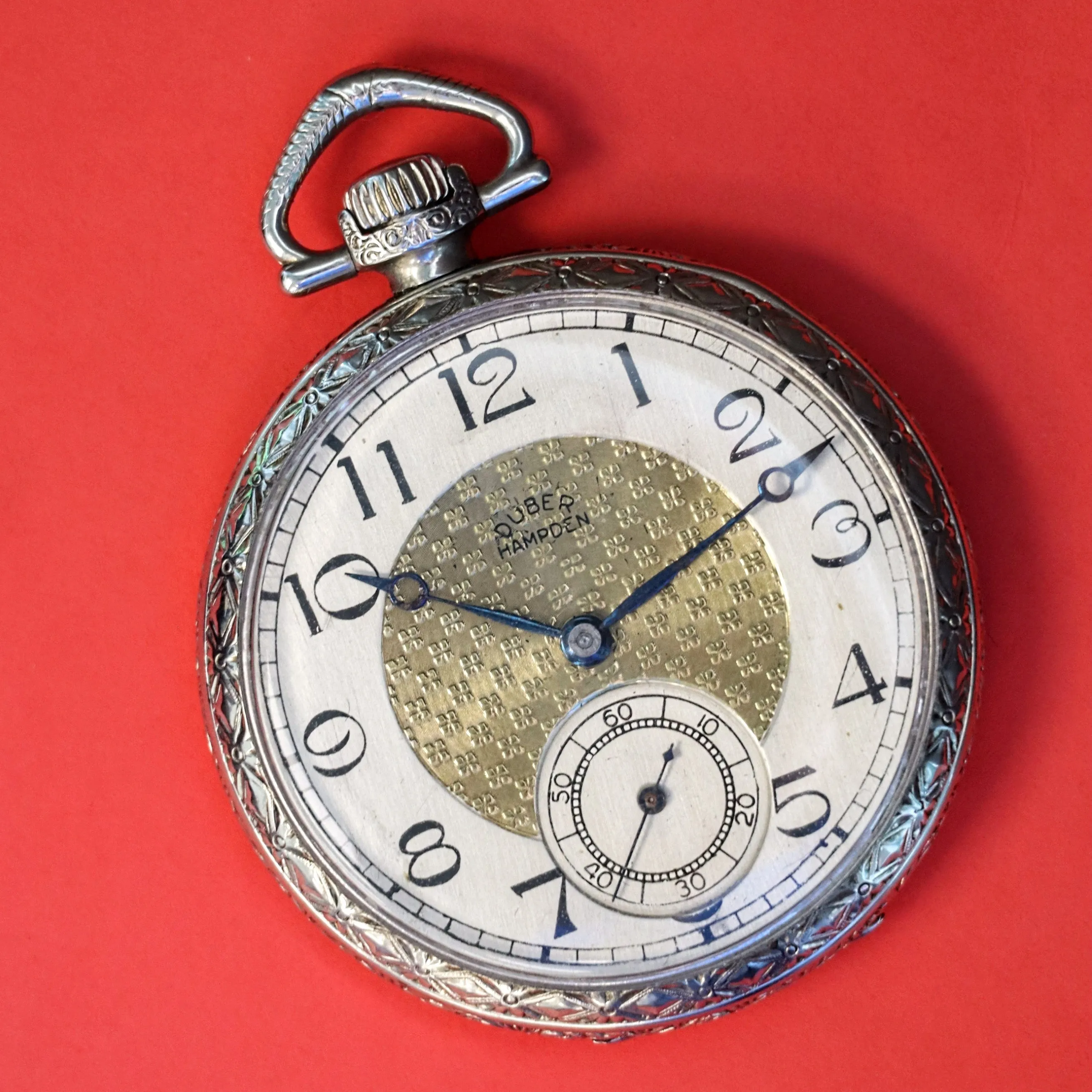 1916 DUBER - HAMPDEN Dress Pocket Watch Grade "The Minute Man" 17 Jewels 12s Openface Engraved Decorative 14K White G.F.