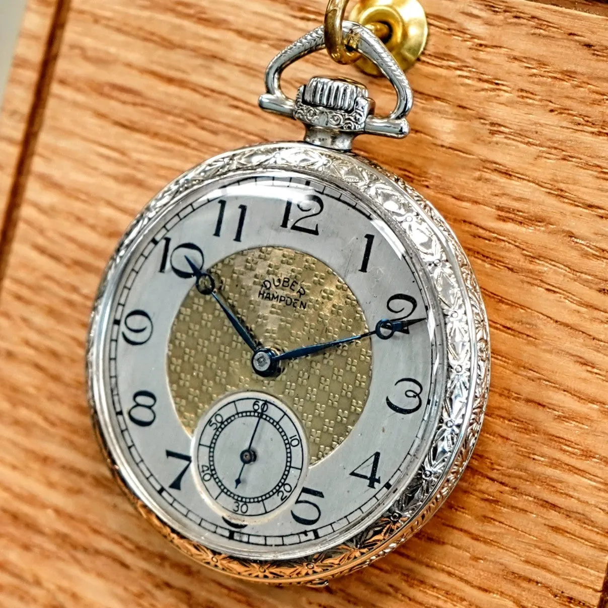 1916 DUBER - HAMPDEN Dress Pocket Watch Grade "The Minute Man" 17 Jewels 12s Openface Engraved Decorative 14K White G.F.