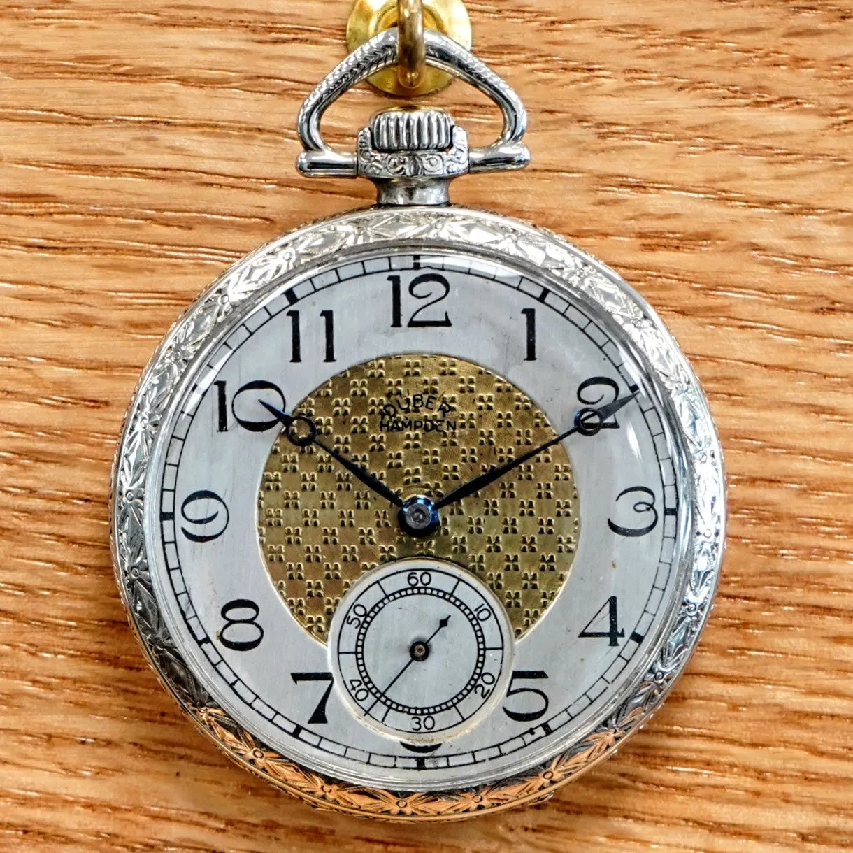 1916 DUBER - HAMPDEN Dress Pocket Watch Grade "The Minute Man" 17 Jewels 12s Openface Engraved Decorative 14K White G.F.