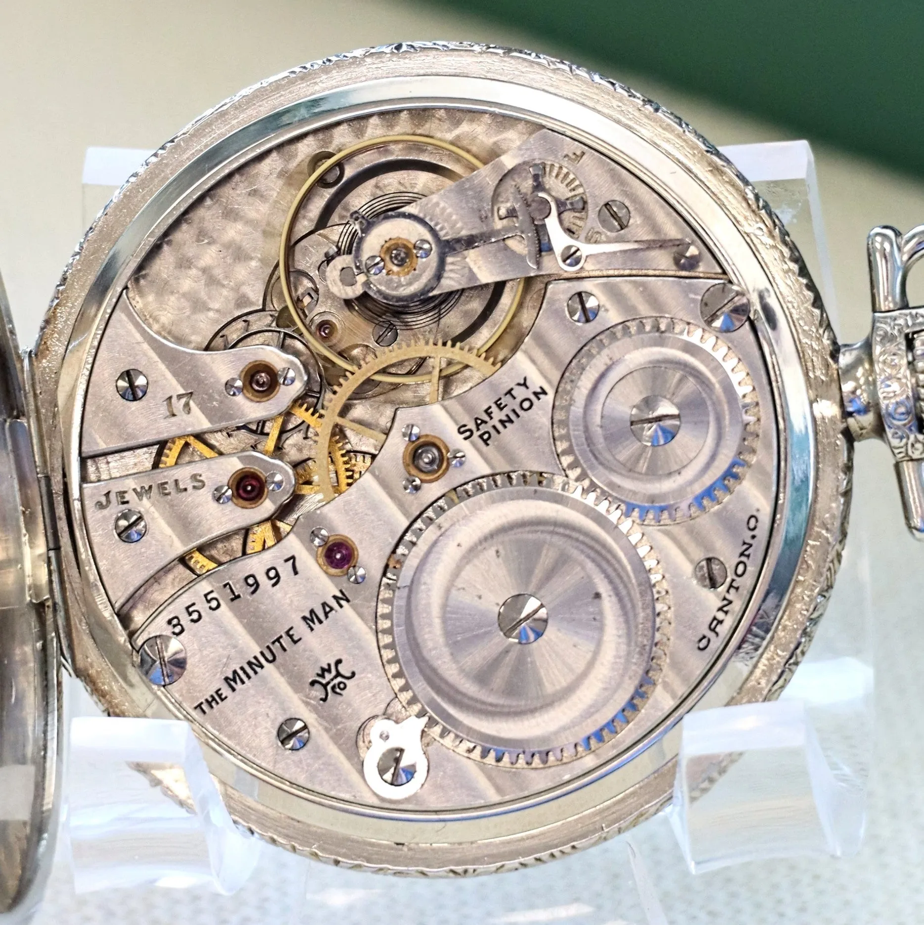 1916 DUBER - HAMPDEN Dress Pocket Watch Grade "The Minute Man" 17 Jewels 12s Openface Engraved Decorative 14K White G.F.