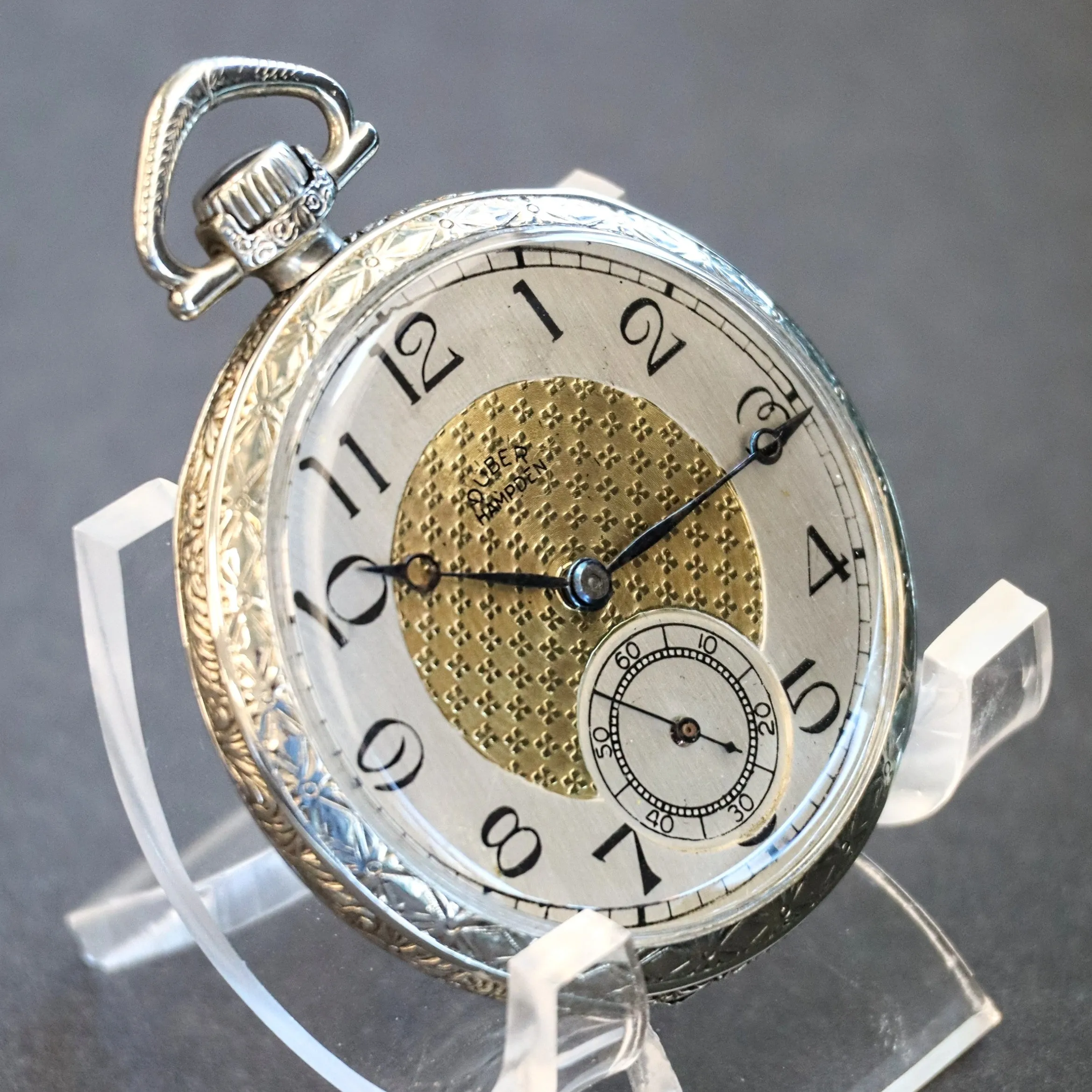1916 DUBER - HAMPDEN Dress Pocket Watch Grade "The Minute Man" 17 Jewels 12s Openface Engraved Decorative 14K White G.F.