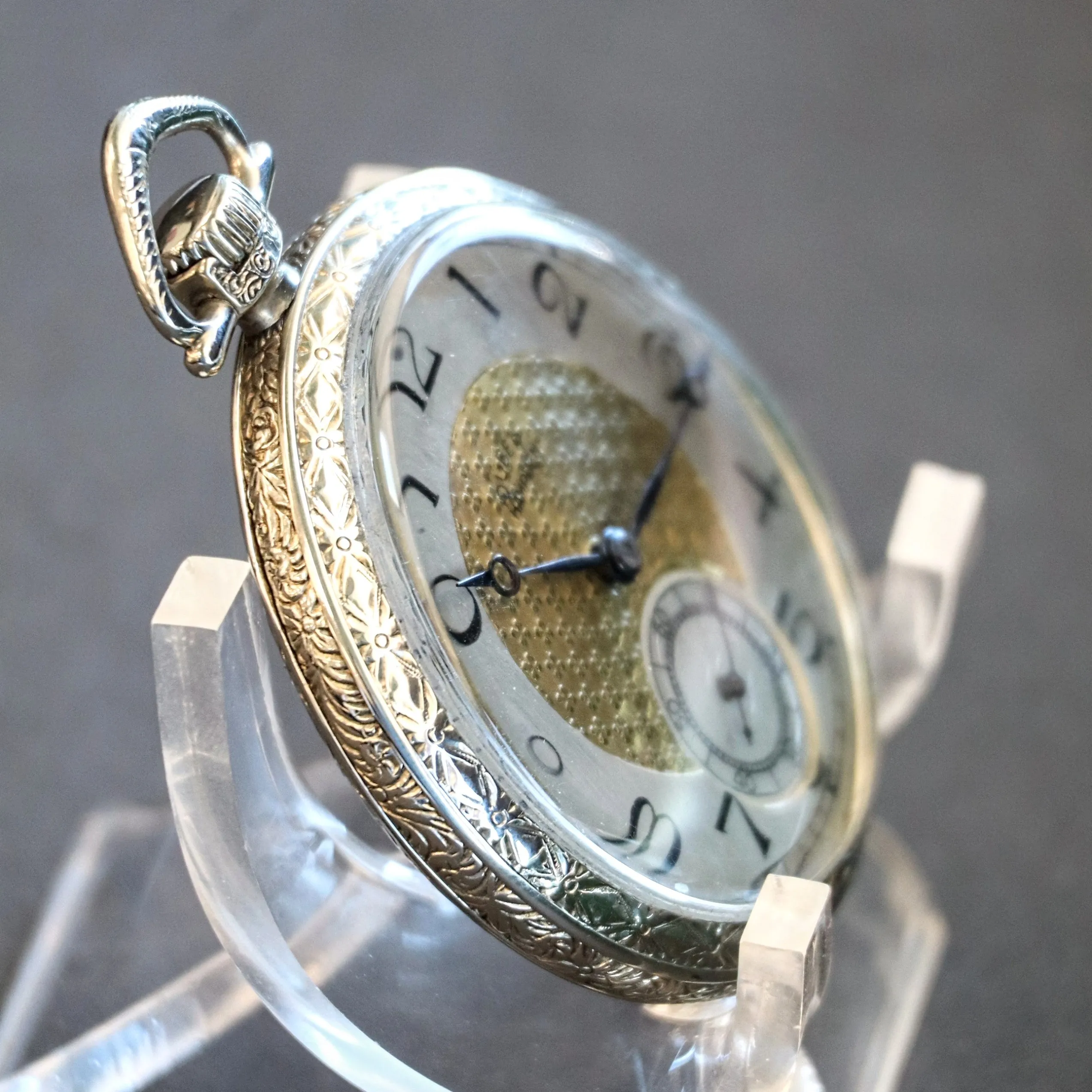 1916 DUBER - HAMPDEN Dress Pocket Watch Grade "The Minute Man" 17 Jewels 12s Openface Engraved Decorative 14K White G.F.