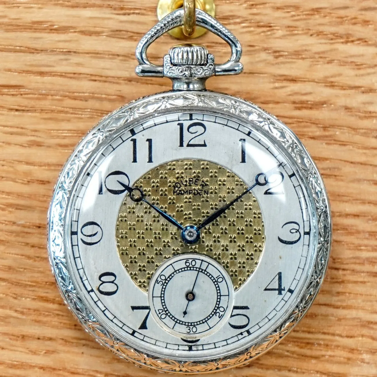 1916 DUBER - HAMPDEN Dress Pocket Watch Grade "The Minute Man" 17 Jewels 12s Openface Engraved Decorative 14K White G.F.