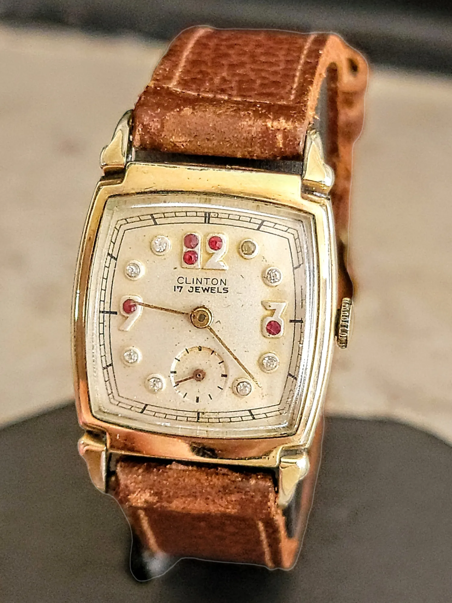 1940's CLINTON Watch "Ruby & Diamond Dial" 17 Jewels Swiss