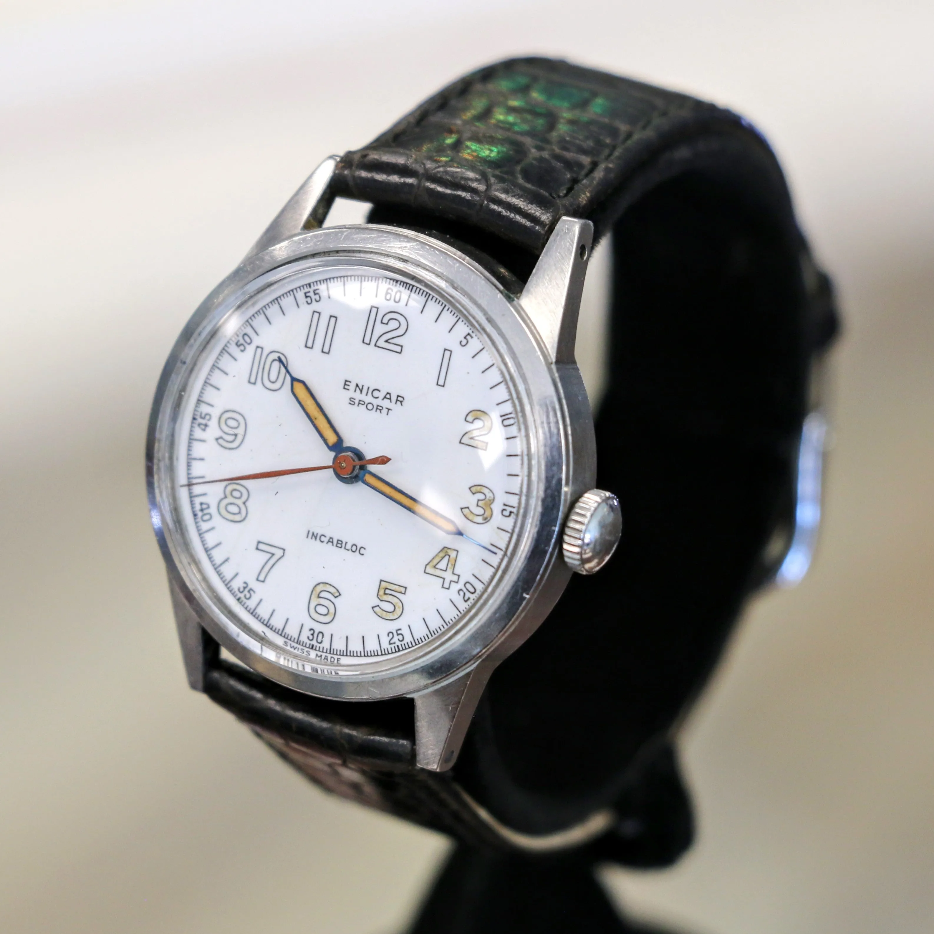 1950s ENICAR Sport Watch Incabloc Military Wristwatch Enamel Dial S.S. Case Swiss Made