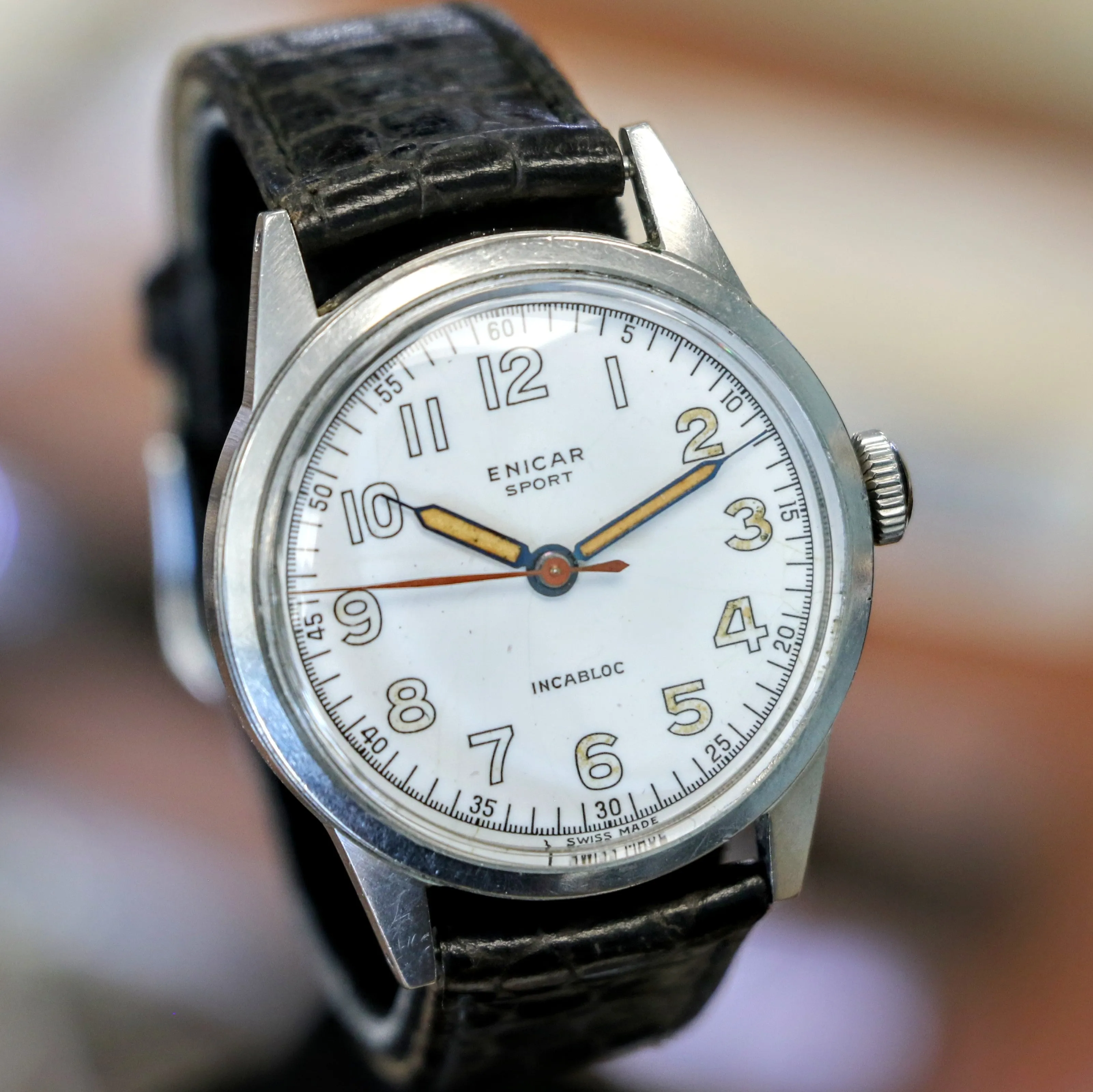 1950s ENICAR Sport Watch Incabloc Military Wristwatch Enamel Dial S.S. Case Swiss Made