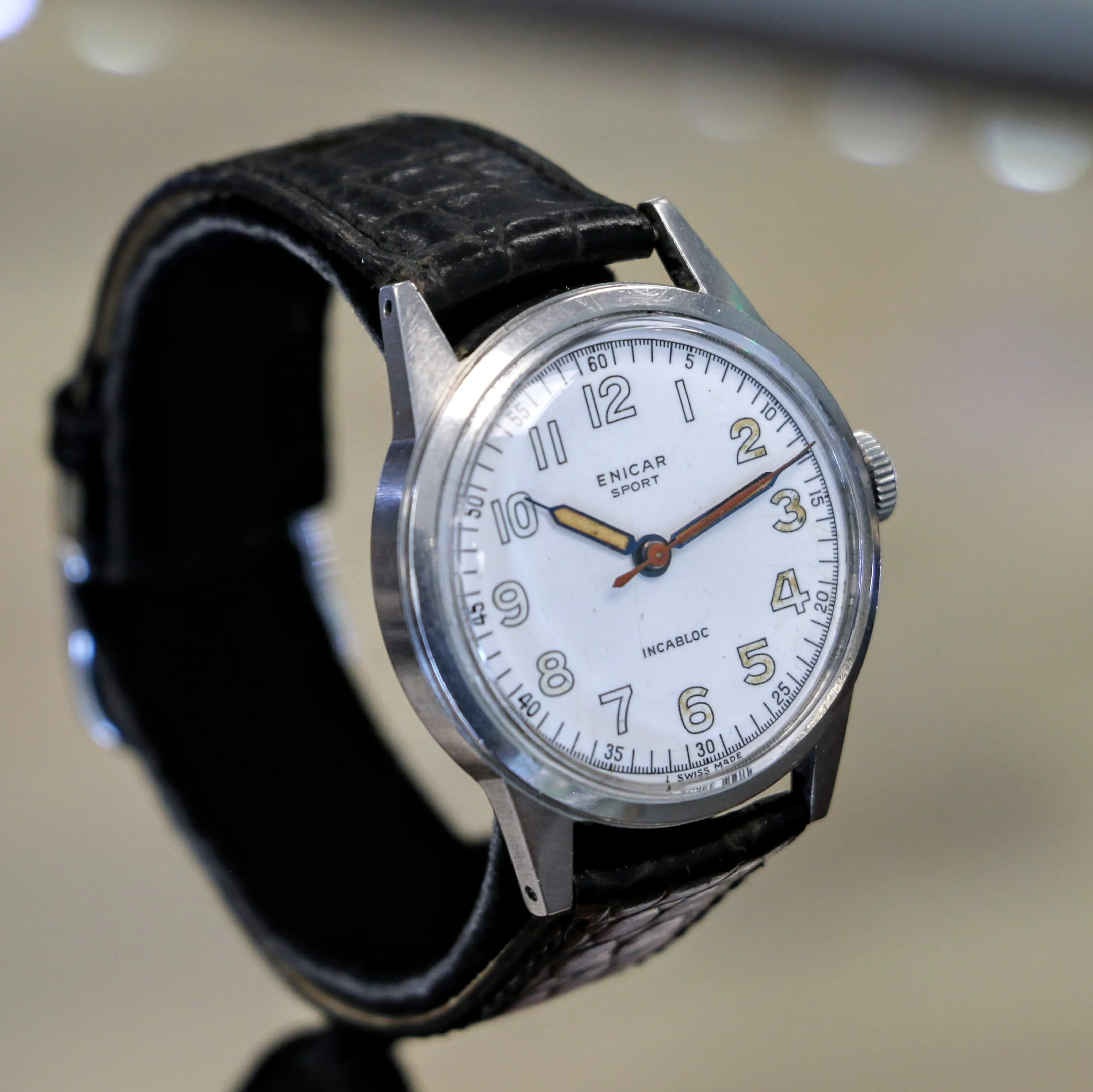 1950s ENICAR Sport Watch Incabloc Military Wristwatch Enamel Dial S.S. Case Swiss Made