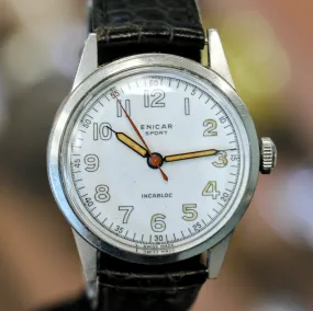 1950s ENICAR Sport Watch Incabloc Military Wristwatch Enamel Dial S.S. Case Swiss Made