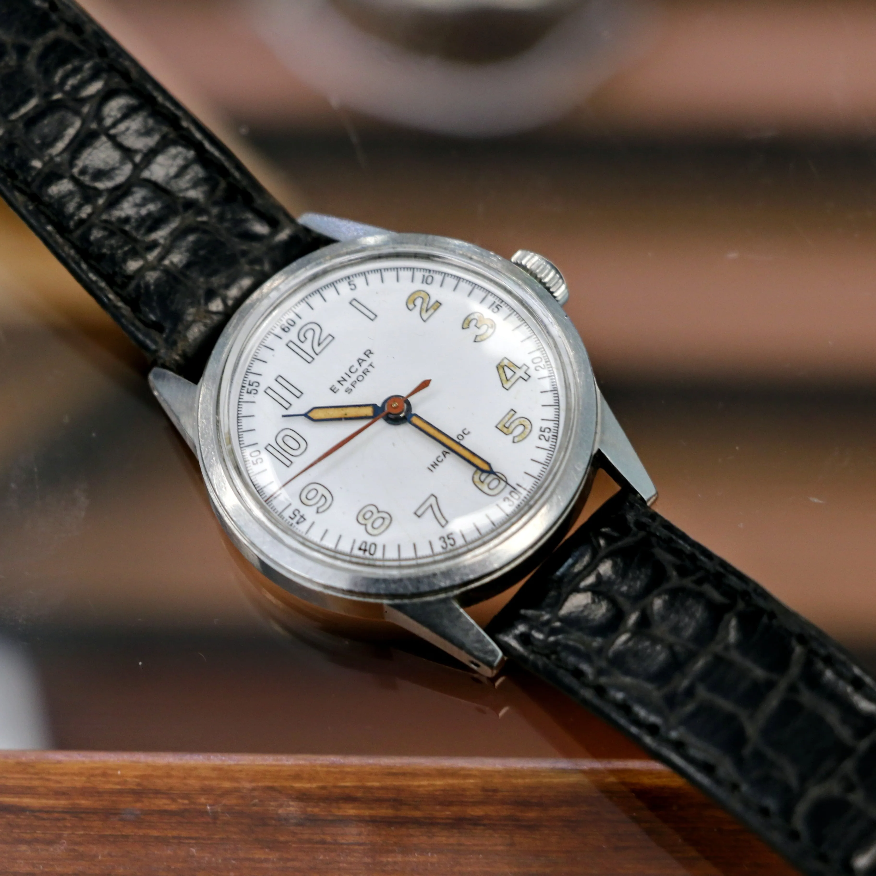 1950s ENICAR Sport Watch Incabloc Military Wristwatch Enamel Dial S.S. Case Swiss Made