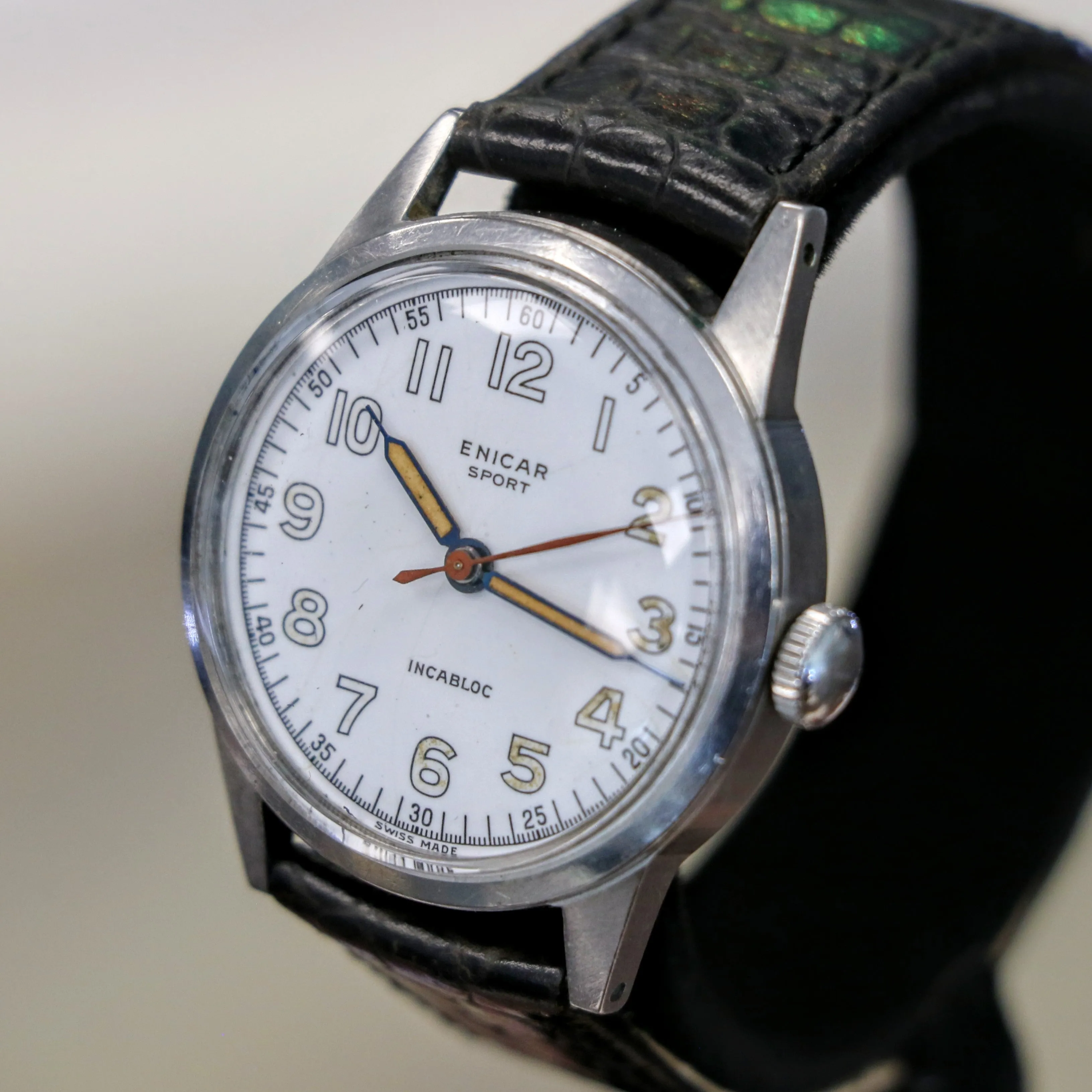 1950s ENICAR Sport Watch Incabloc Military Wristwatch Enamel Dial S.S. Case Swiss Made
