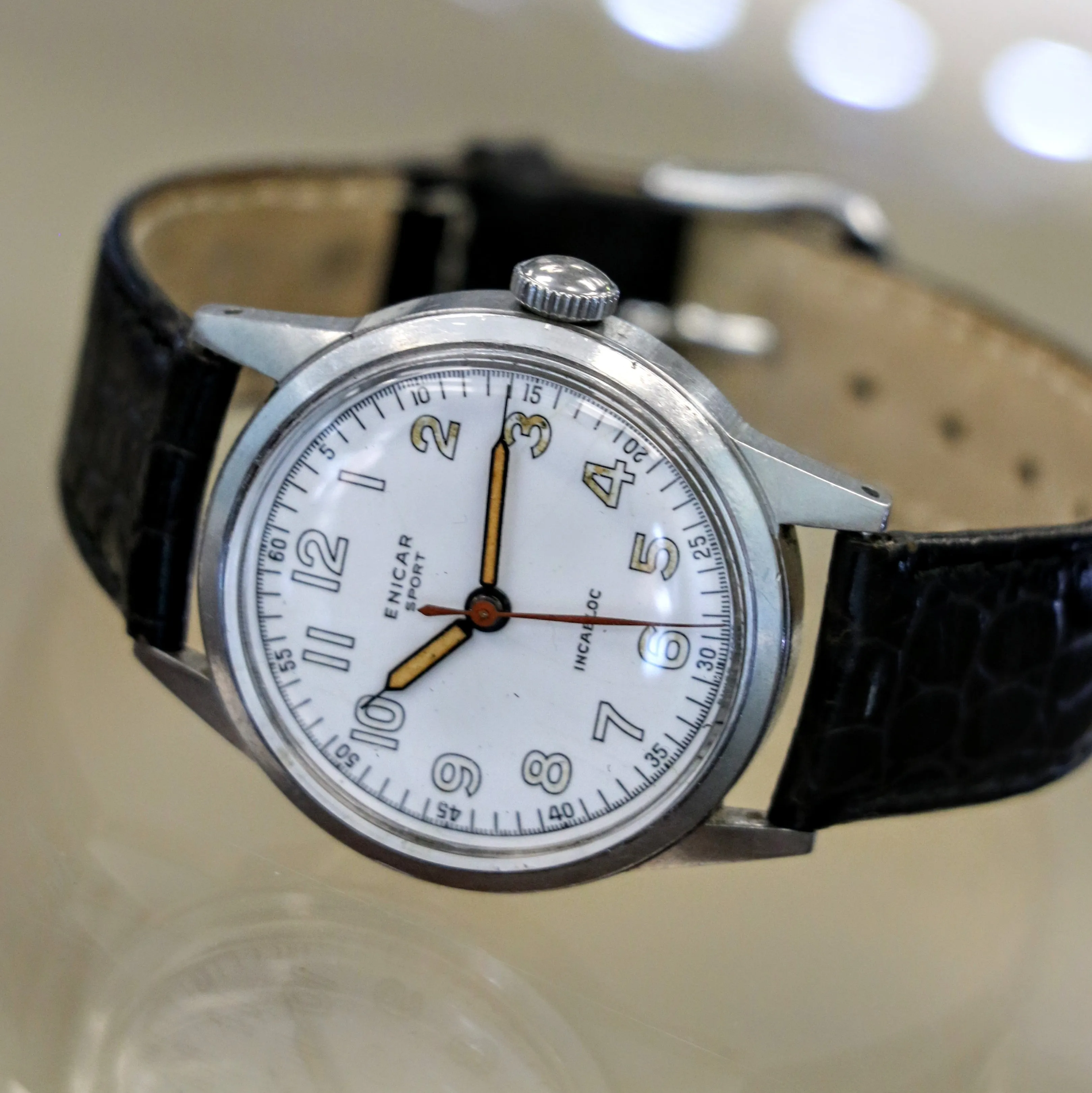 1950s ENICAR Sport Watch Incabloc Military Wristwatch Enamel Dial S.S. Case Swiss Made