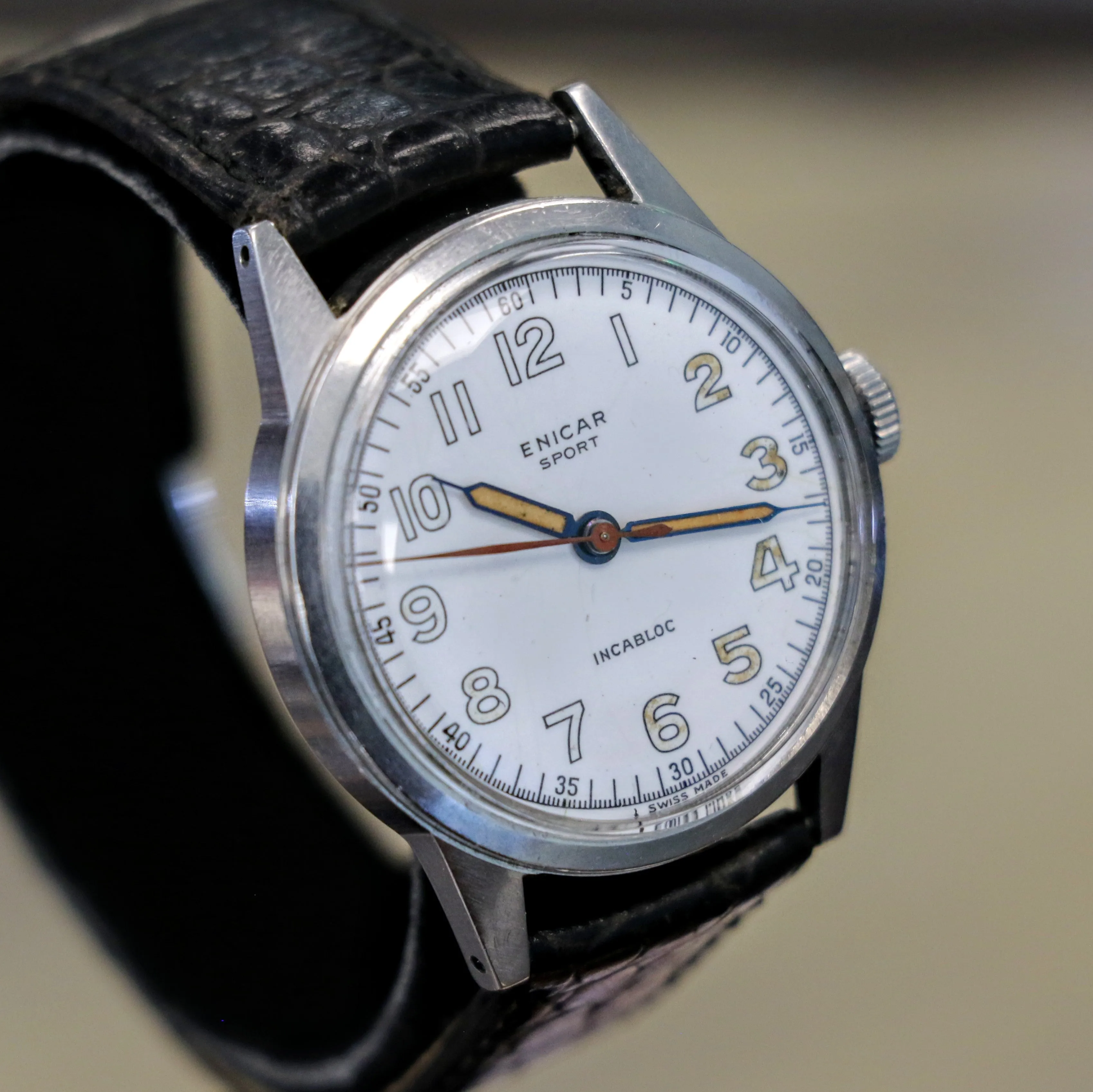 1950s ENICAR Sport Watch Incabloc Military Wristwatch Enamel Dial S.S. Case Swiss Made