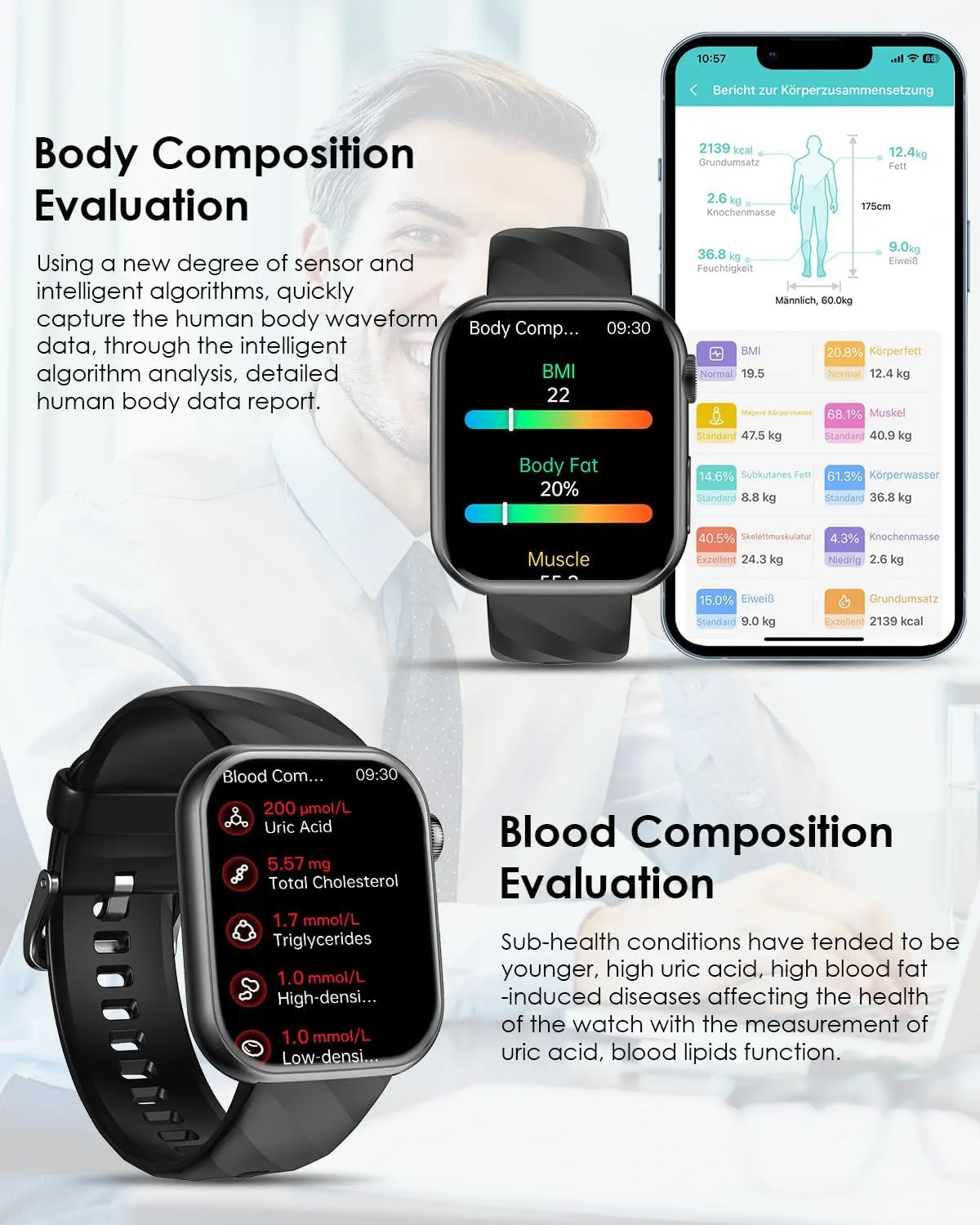 2025 Neu Smartwatch Ekg Hrv/Bmi/Harnsäure/Βιυtｚυcker/Herren Damen, 1.97'' AMOLED Gesundheitsuhr Mit Telefonfunktion, 24H Herzfrequenz/Spo2/Blutdruck Schlafmonitor/Sos-Notruf Fitnessuhr Für Android/Ios