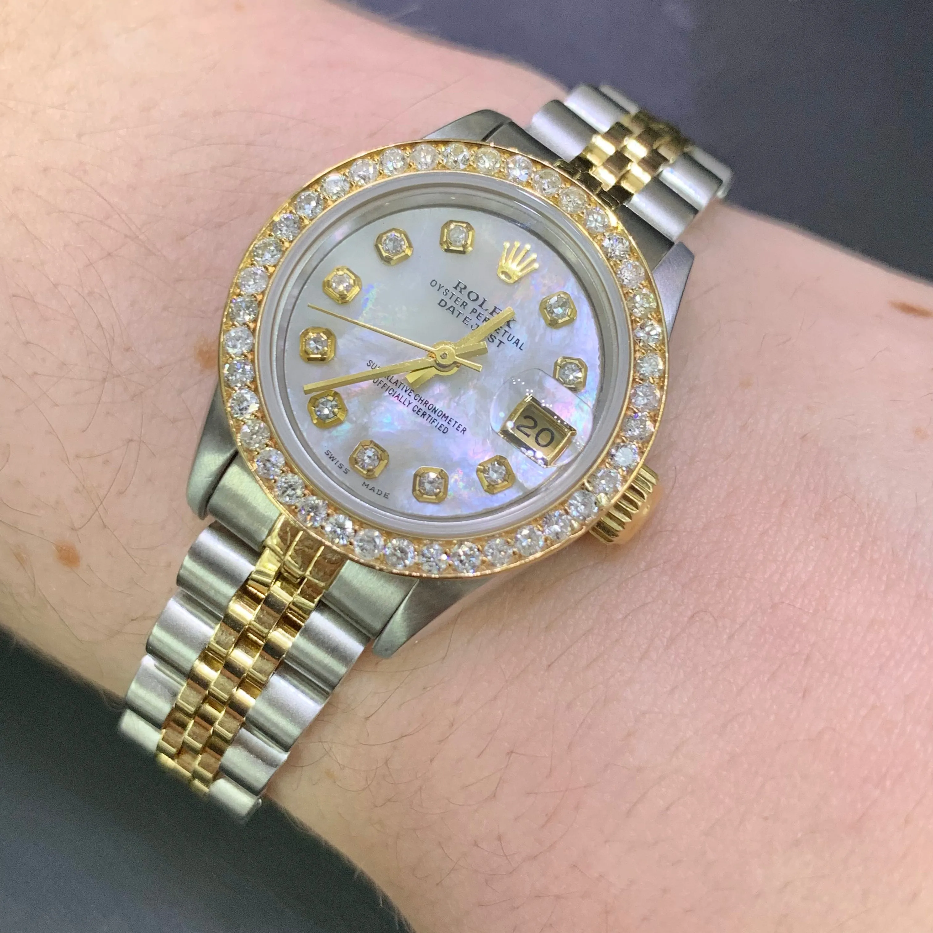 26mm Ladies’ Rolex Datejust Diamond Watch with Two-tone Jubilee Bracelet (custom mother-of-pearl diamond dial)