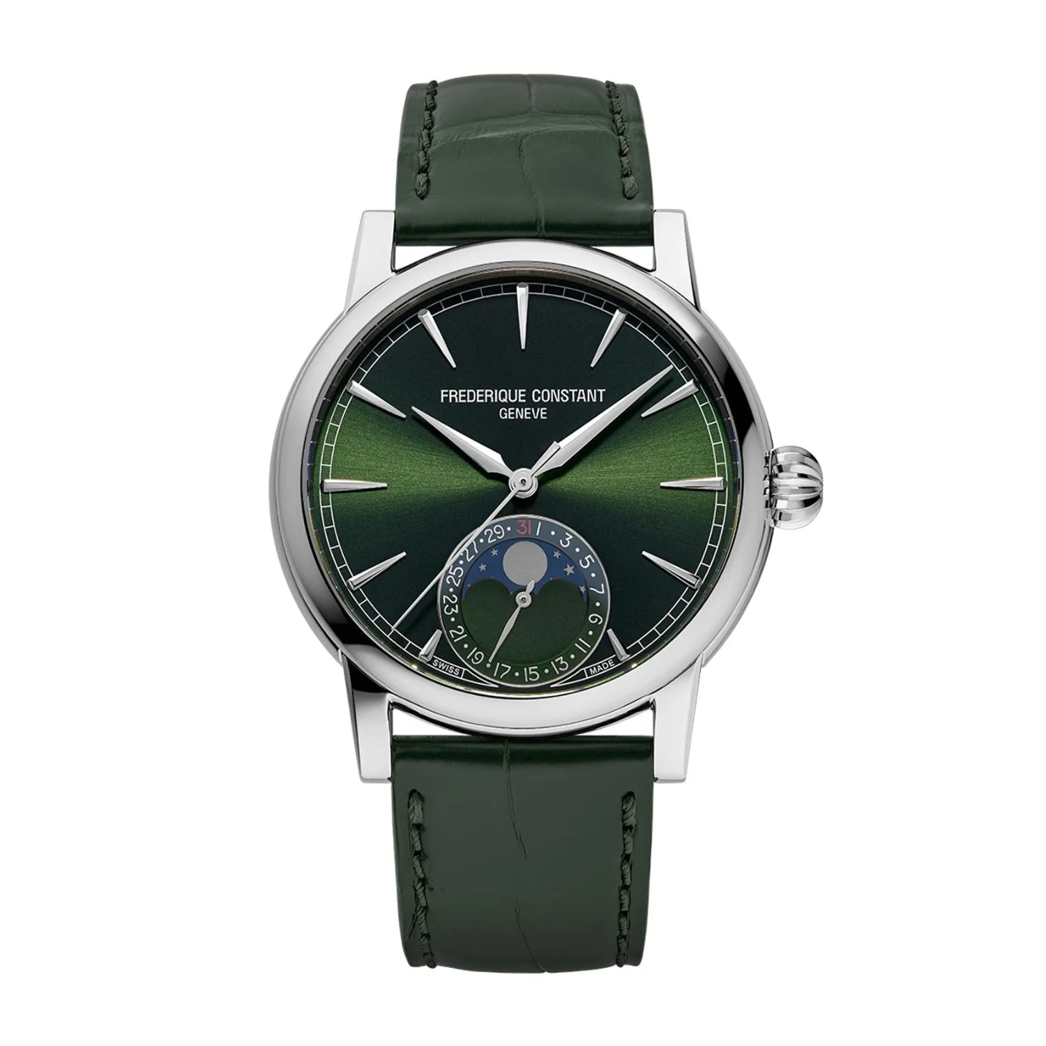 40MM FREDERIQUE CONSTANT CLASSIC MOONPHASE DATE AUTOMATIC WATCH WITH GREEN DIAL AND GREEN LEATHER STRAP