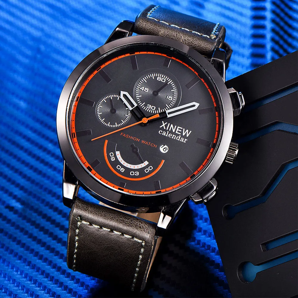 5 Colors Stainless Steel Leather Men's Casual Business Multifunction Pin Buckle Quartz Watch