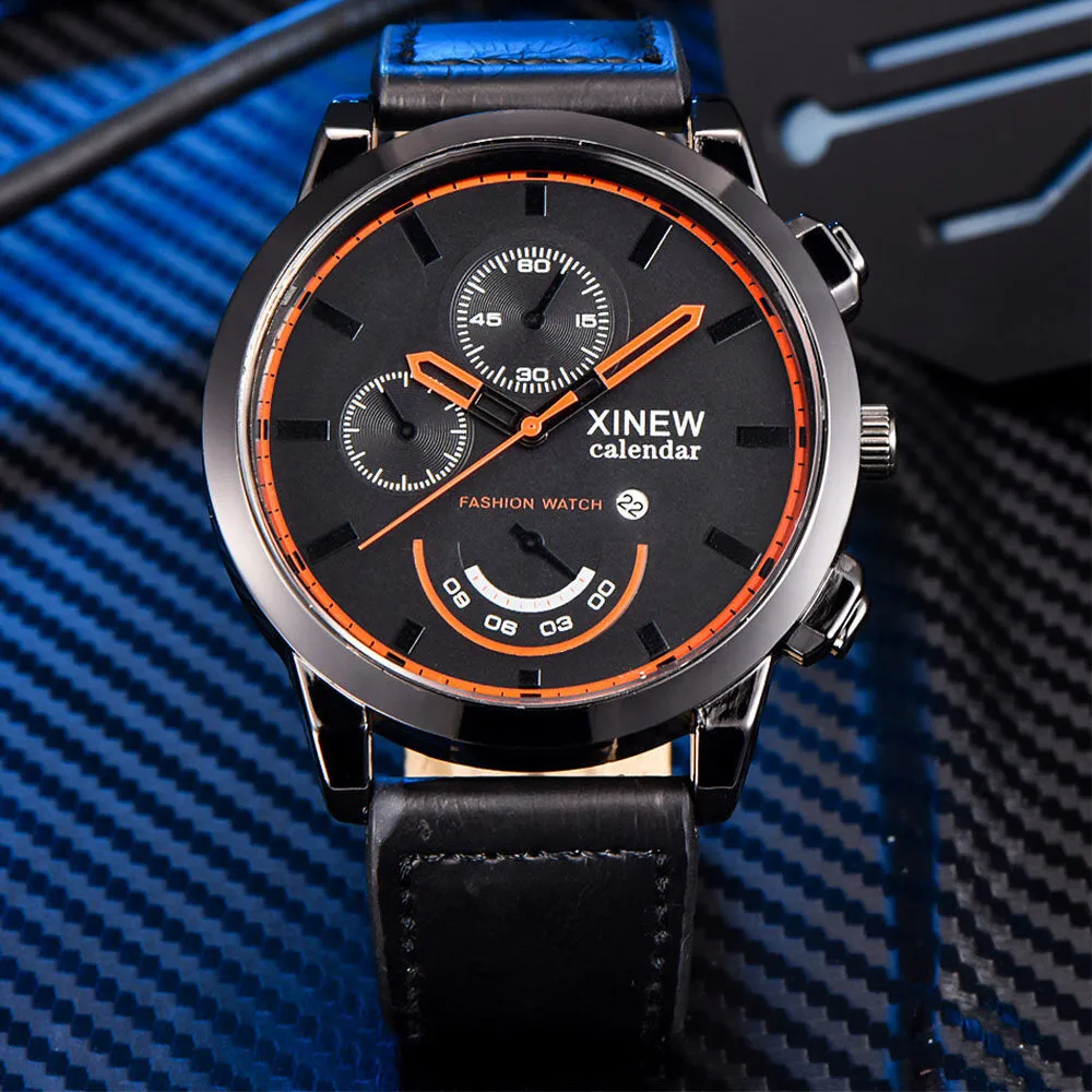 5 Colors Stainless Steel Leather Men's Casual Business Multifunction Pin Buckle Quartz Watch