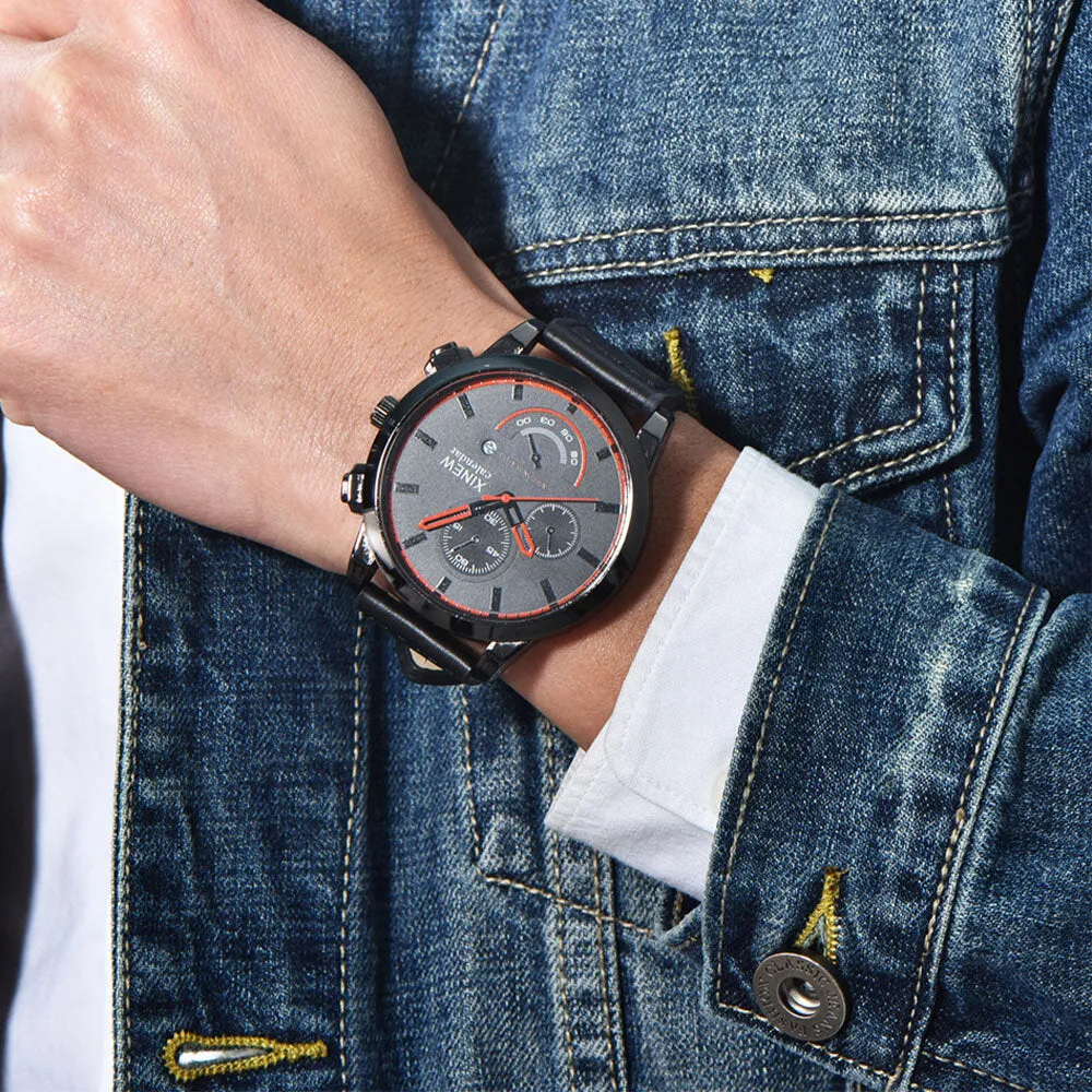 5 Colors Stainless Steel Leather Men's Casual Business Multifunction Pin Buckle Quartz Watch