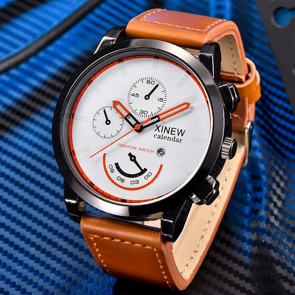 5 Colors Stainless Steel Leather Men's Casual Business Multifunction Pin Buckle Quartz Watch