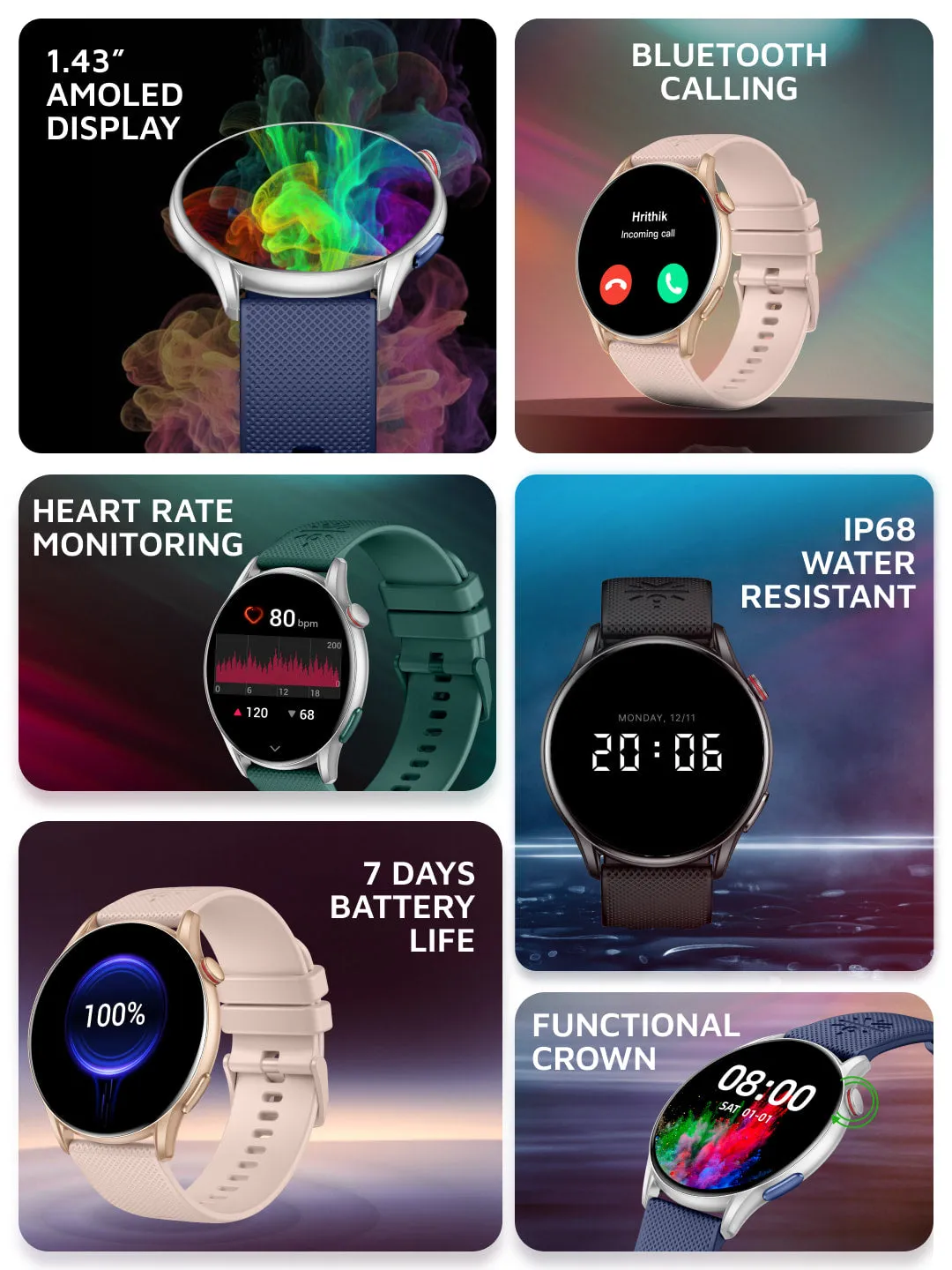 Ace XR 1.43" Super Retina Amoled Display, 466 * 466 Resolution, 850 NITS Peak Brightness, BT Calling, Health Tracking (Rose Gold Silicone Strap)