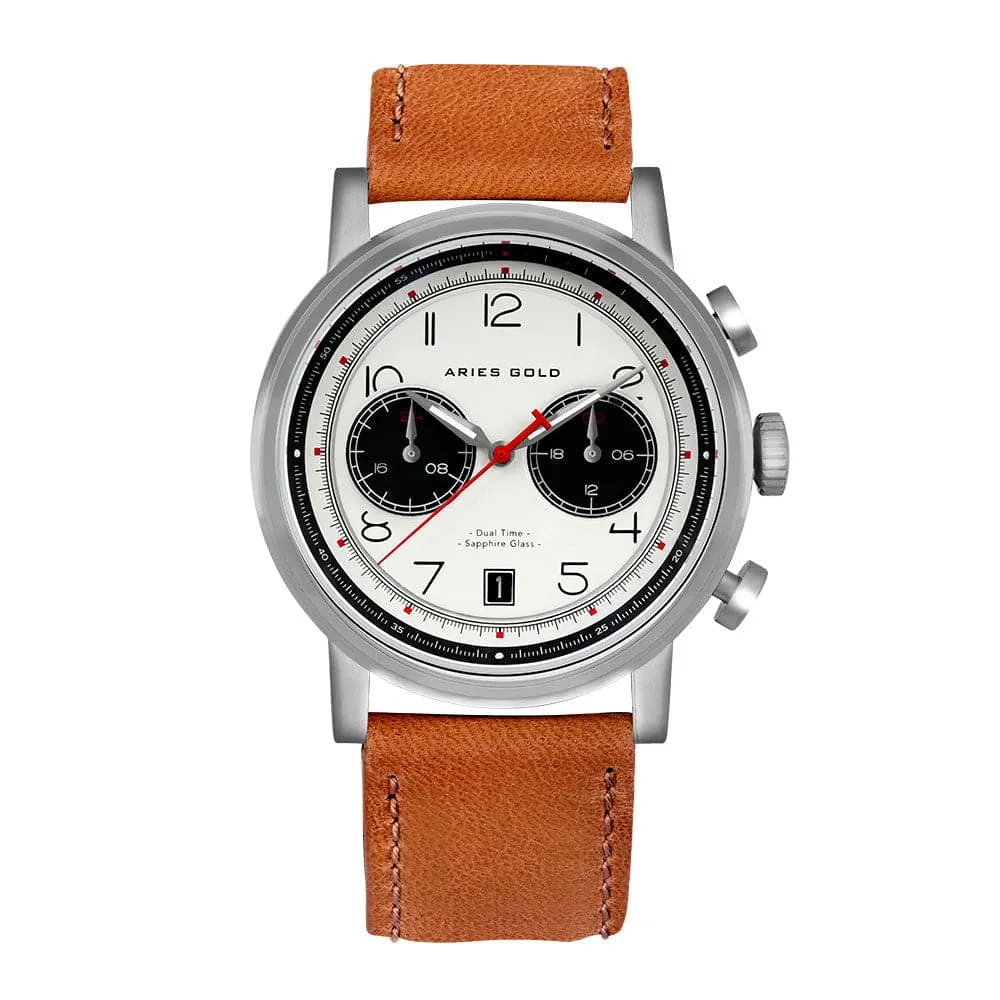 ARIES GOLD URBAN JOURNEY SILVER STAINLESS STEEL G 1025 S-W BROWN LEATHER STRAP MEN'S WATCH