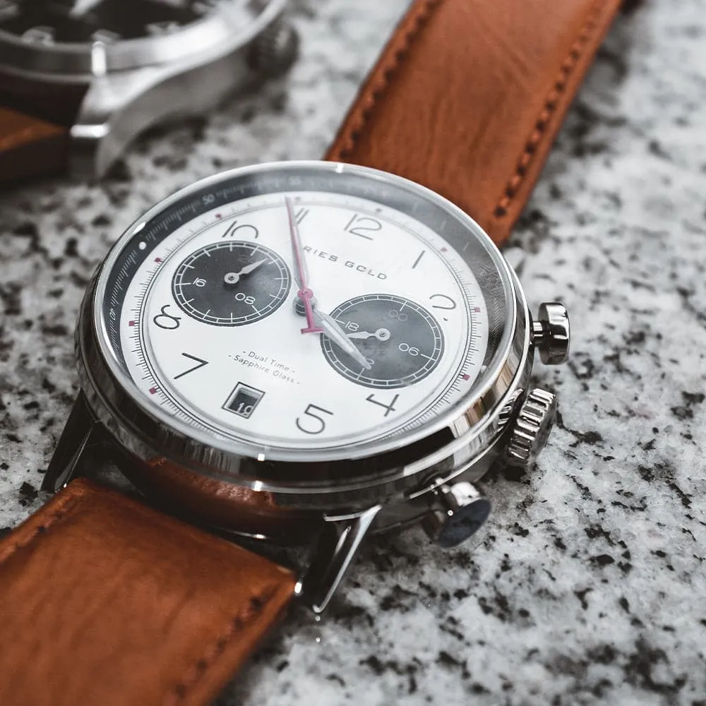 ARIES GOLD URBAN JOURNEY SILVER STAINLESS STEEL G 1025 S-W BROWN LEATHER STRAP MEN'S WATCH