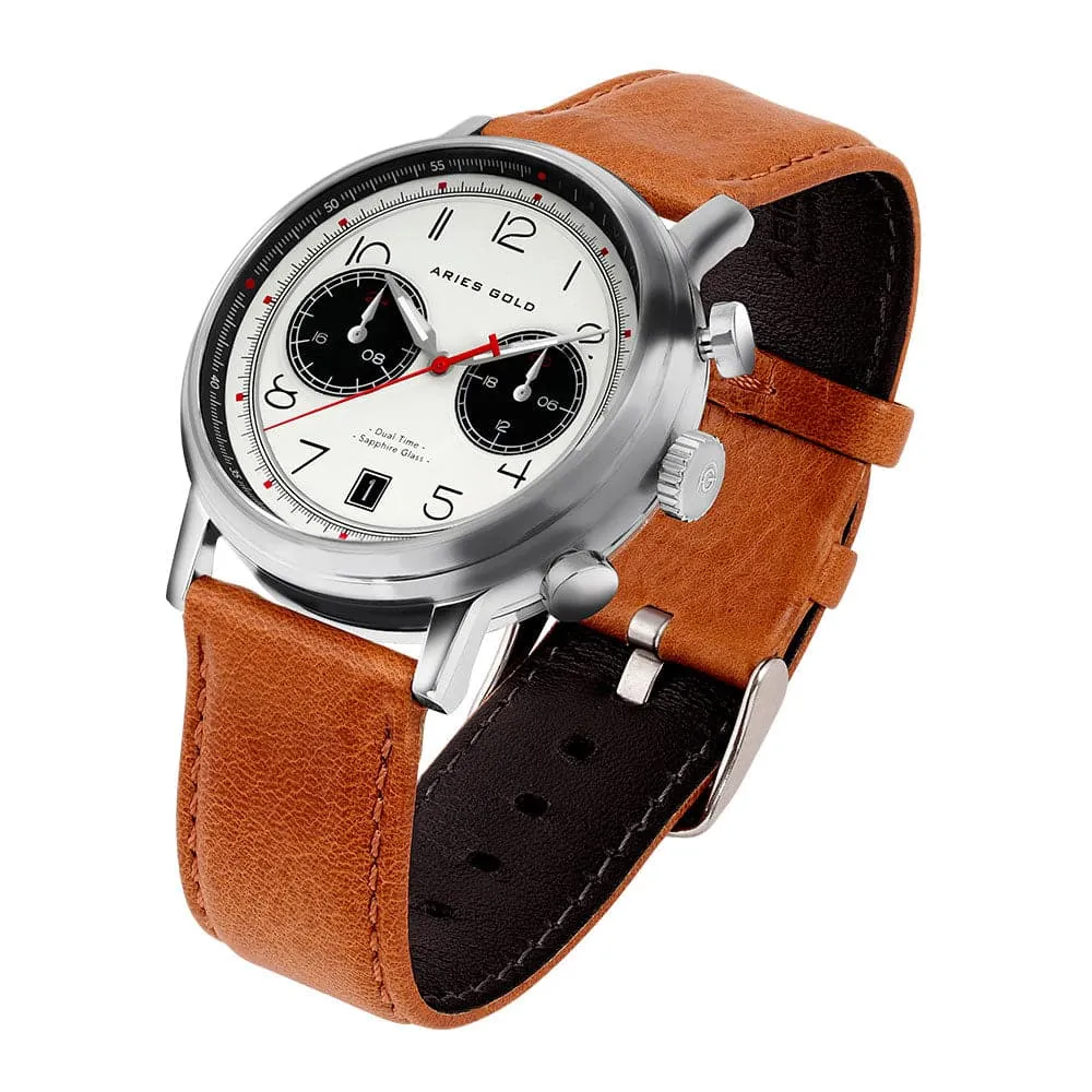 ARIES GOLD URBAN JOURNEY SILVER STAINLESS STEEL G 1025 S-W BROWN LEATHER STRAP MEN'S WATCH