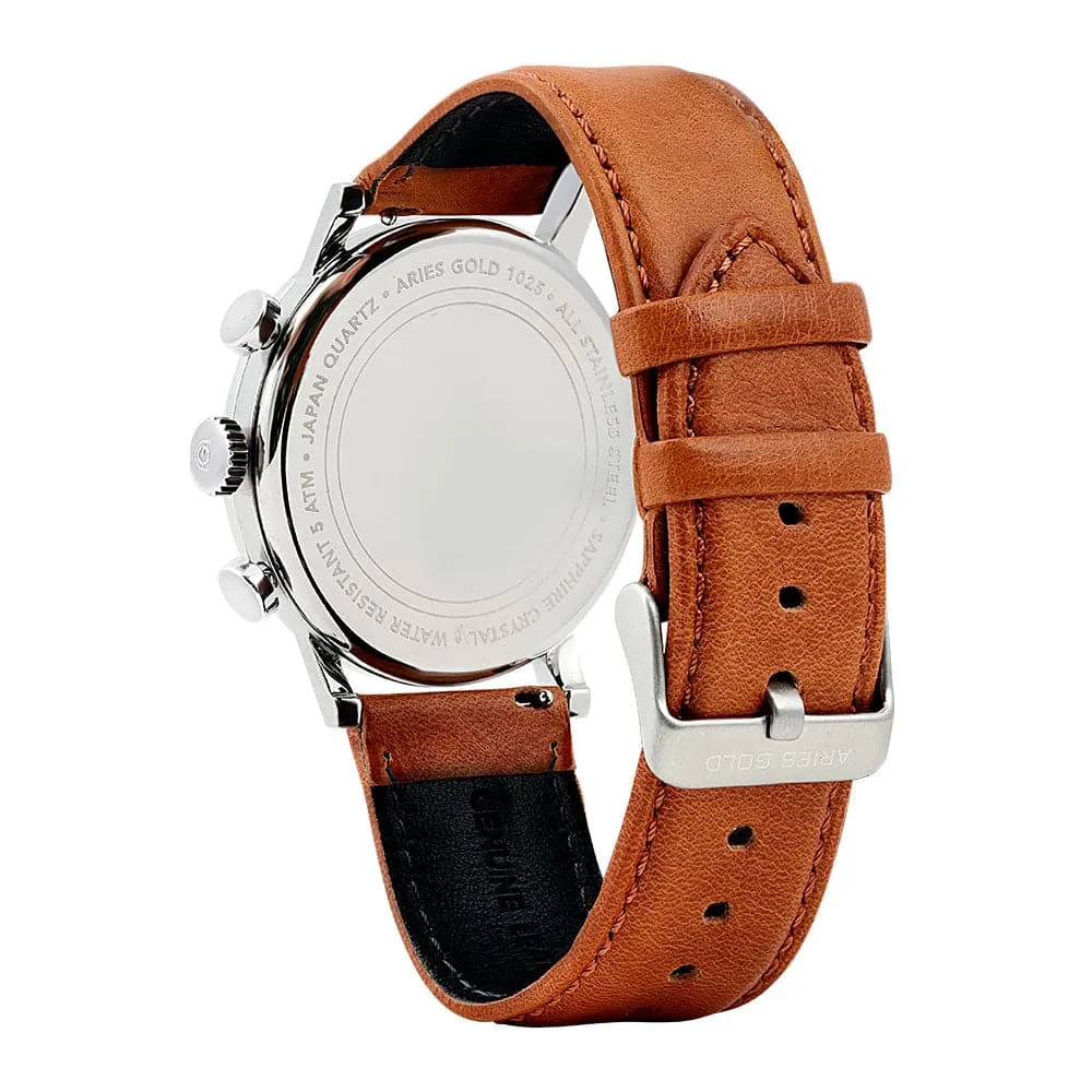 ARIES GOLD URBAN JOURNEY SILVER STAINLESS STEEL G 1025 S-W BROWN LEATHER STRAP MEN'S WATCH