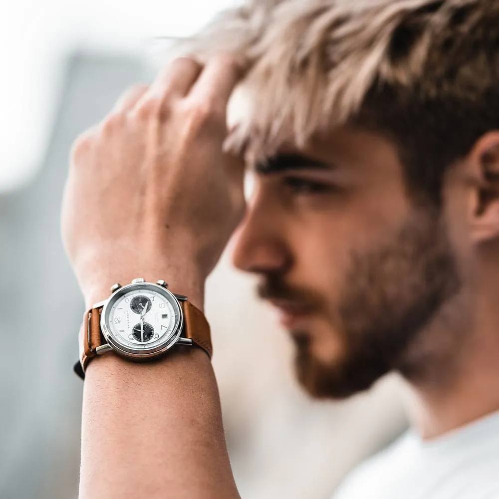 ARIES GOLD URBAN JOURNEY SILVER STAINLESS STEEL G 1025 S-W BROWN LEATHER STRAP MEN'S WATCH