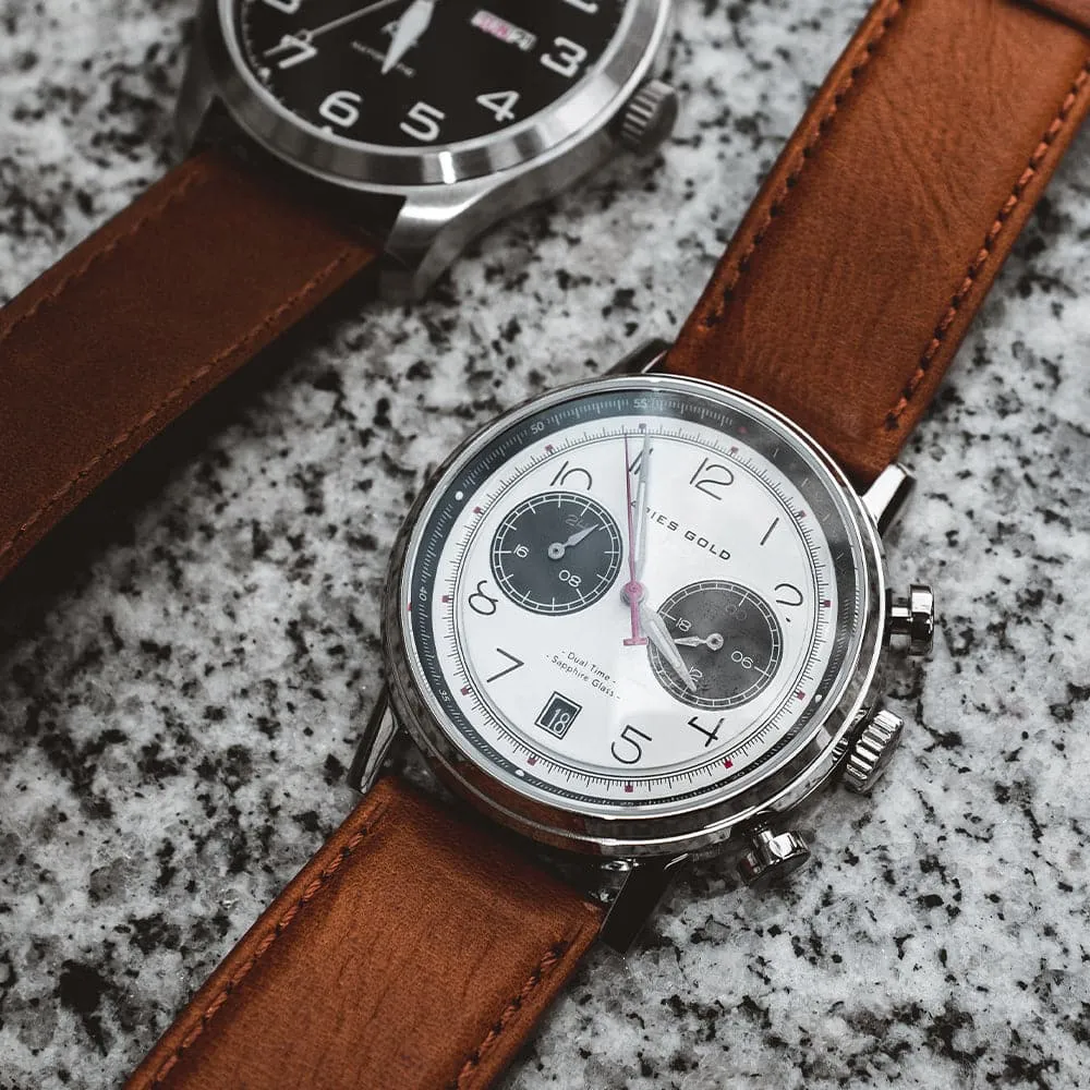 ARIES GOLD URBAN JOURNEY SILVER STAINLESS STEEL G 1025 S-W BROWN LEATHER STRAP MEN'S WATCH