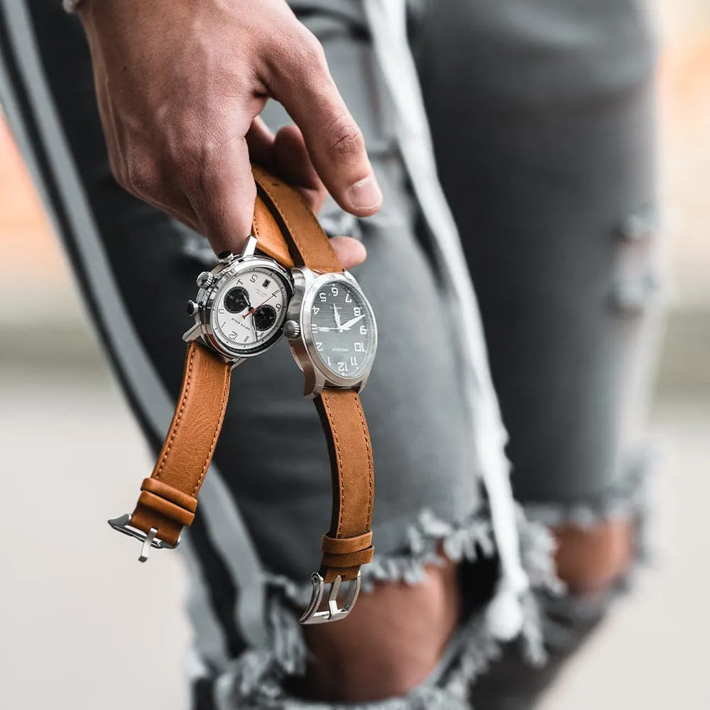 ARIES GOLD URBAN JOURNEY SILVER STAINLESS STEEL G 1025 S-W BROWN LEATHER STRAP MEN'S WATCH