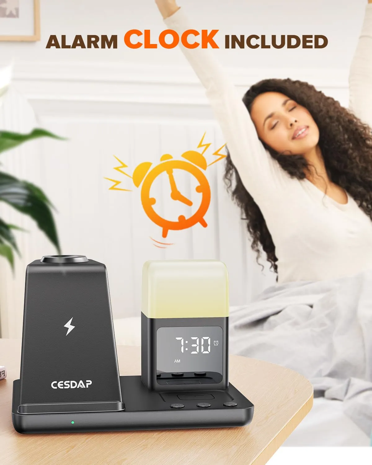 CESDAP 6 in 1 Wireless Charging Station for Apple Charging Station for Multiple Devices with Alarm Clock and Night Light nightstand Charging Station for iPhone 15 14 13 for Apple Watch
