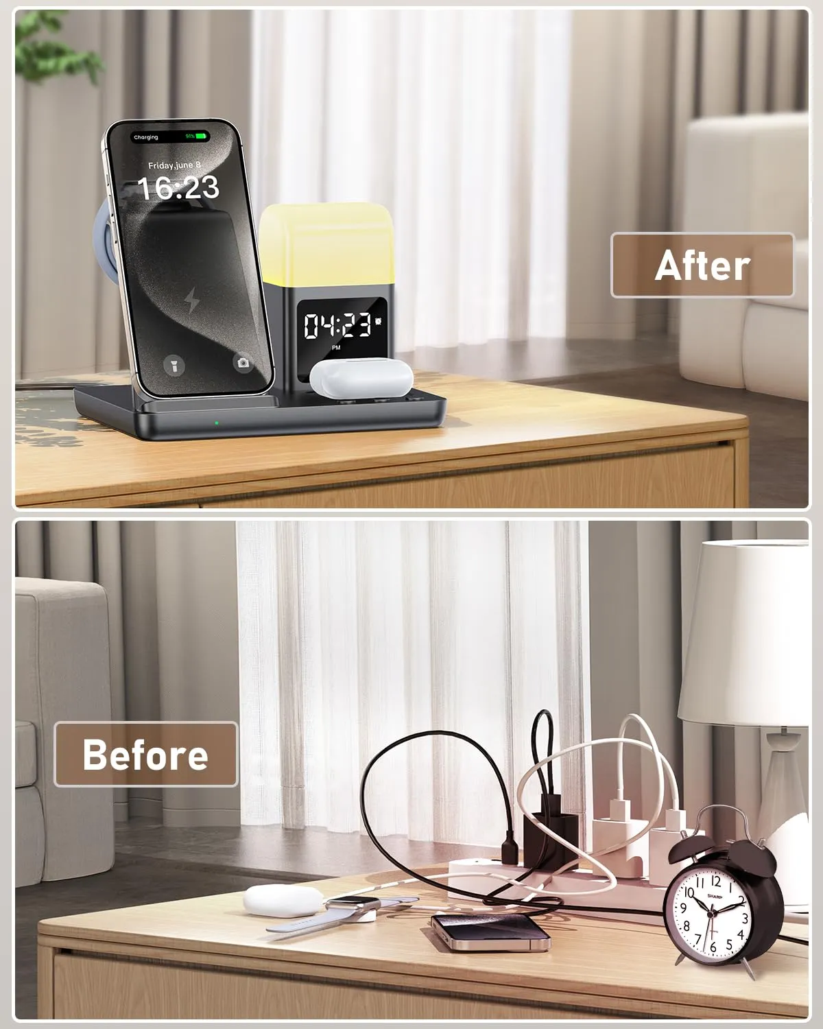 CESDAP 6 in 1 Wireless Charging Station for Apple Charging Station for Multiple Devices with Alarm Clock and Night Light nightstand Charging Station for iPhone 15 14 13 for Apple Watch