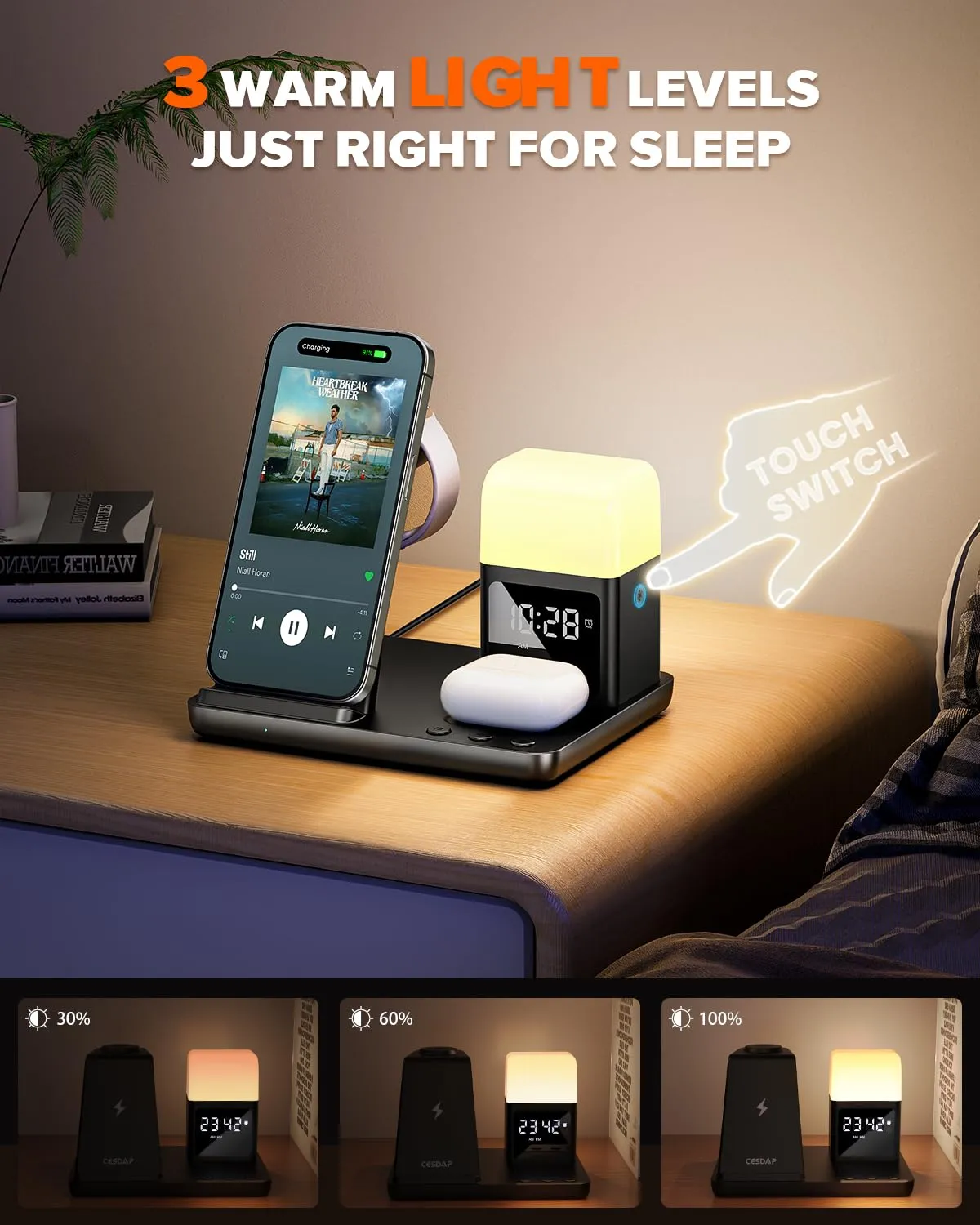 CESDAP 6 in 1 Wireless Charging Station for Apple Charging Station for Multiple Devices with Alarm Clock and Night Light nightstand Charging Station for iPhone 15 14 13 for Apple Watch