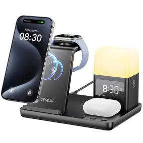 CESDAP 6 in 1 Wireless Charging Station for Apple Charging Station for Multiple Devices with Alarm Clock and Night Light nightstand Charging Station for iPhone 15 14 13 for Apple Watch