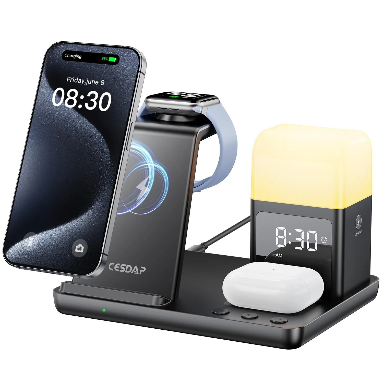 CESDAP 6 in 1 Wireless Charging Station for Apple Charging Station for Multiple Devices with Alarm Clock and Night Light nightstand Charging Station for iPhone 15 14 13 for Apple Watch