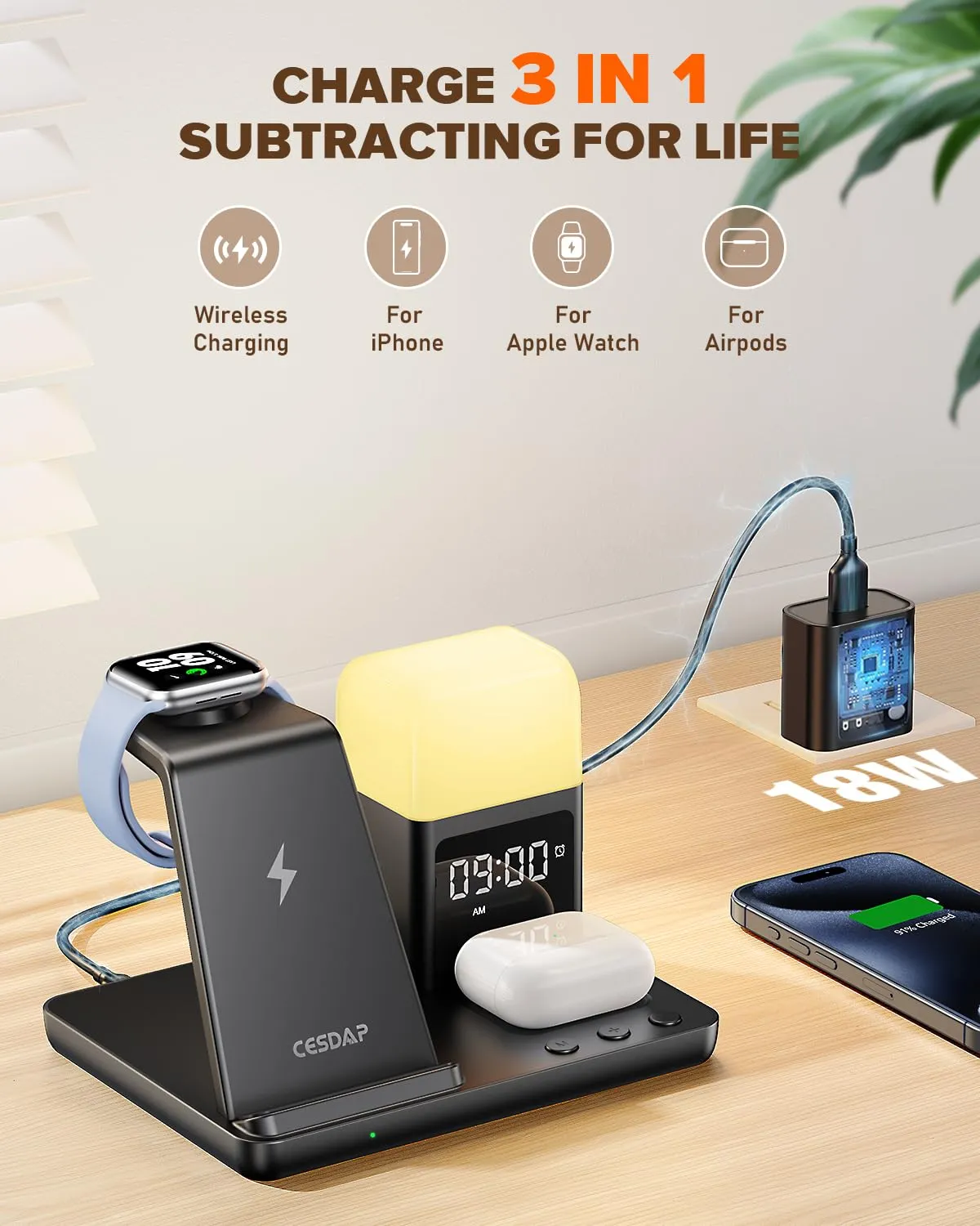CESDAP 6 in 1 Wireless Charging Station for Apple Charging Station for Multiple Devices with Alarm Clock and Night Light nightstand Charging Station for iPhone 15 14 13 for Apple Watch