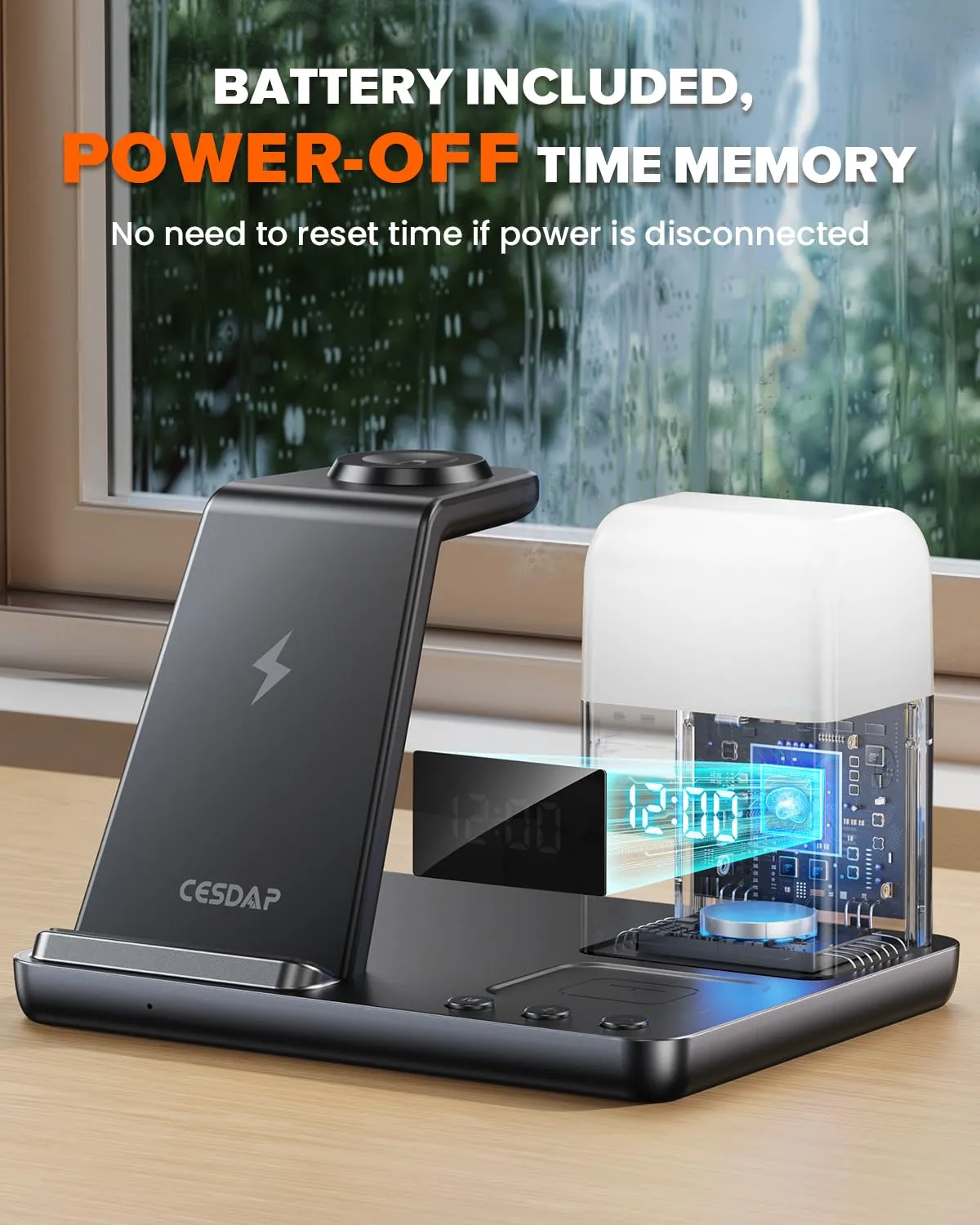 CESDAP 6 in 1 Wireless Charging Station for Apple Charging Station for Multiple Devices with Alarm Clock and Night Light nightstand Charging Station for iPhone 15 14 13 for Apple Watch