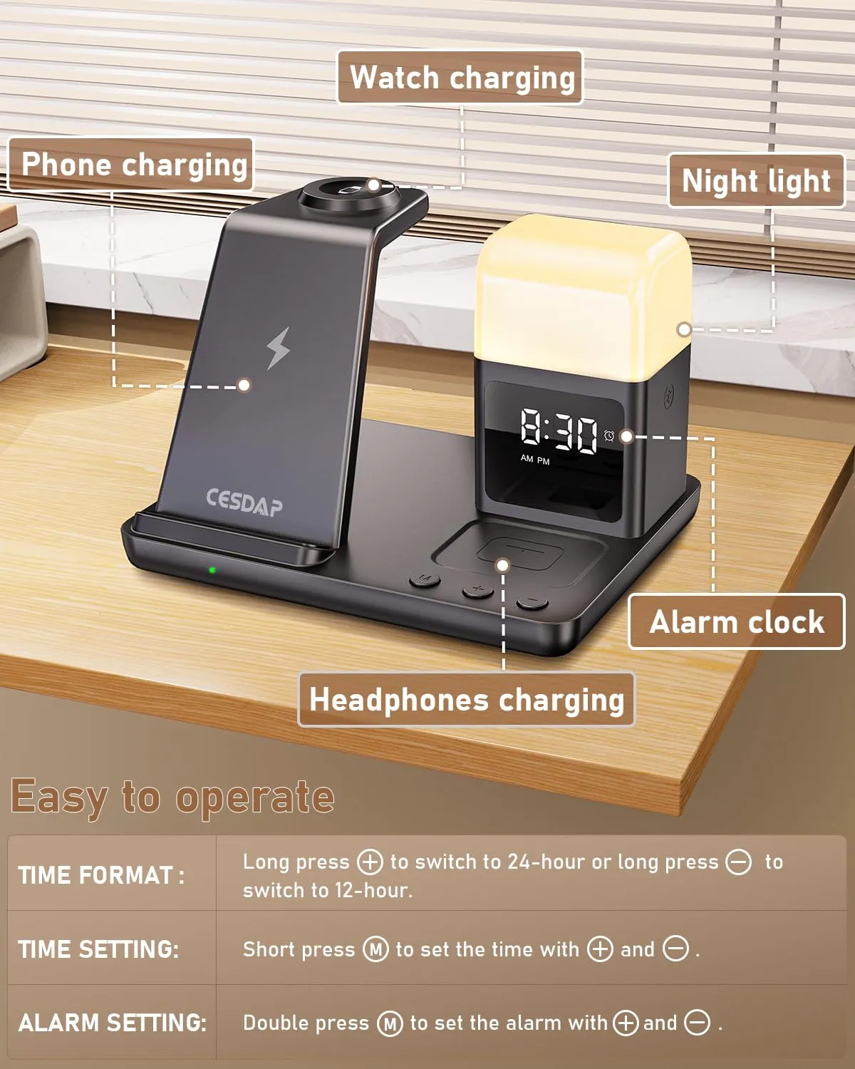 CESDAP 6 in 1 Wireless Charging Station for Apple Charging Station for Multiple Devices with Alarm Clock and Night Light nightstand Charging Station for iPhone 15 14 13 for Apple Watch