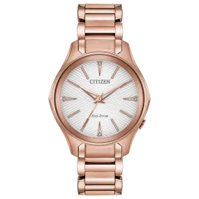 Citizen Eco Drive Rose Tone Watch with Silver Patterned Dial EM0593-56A