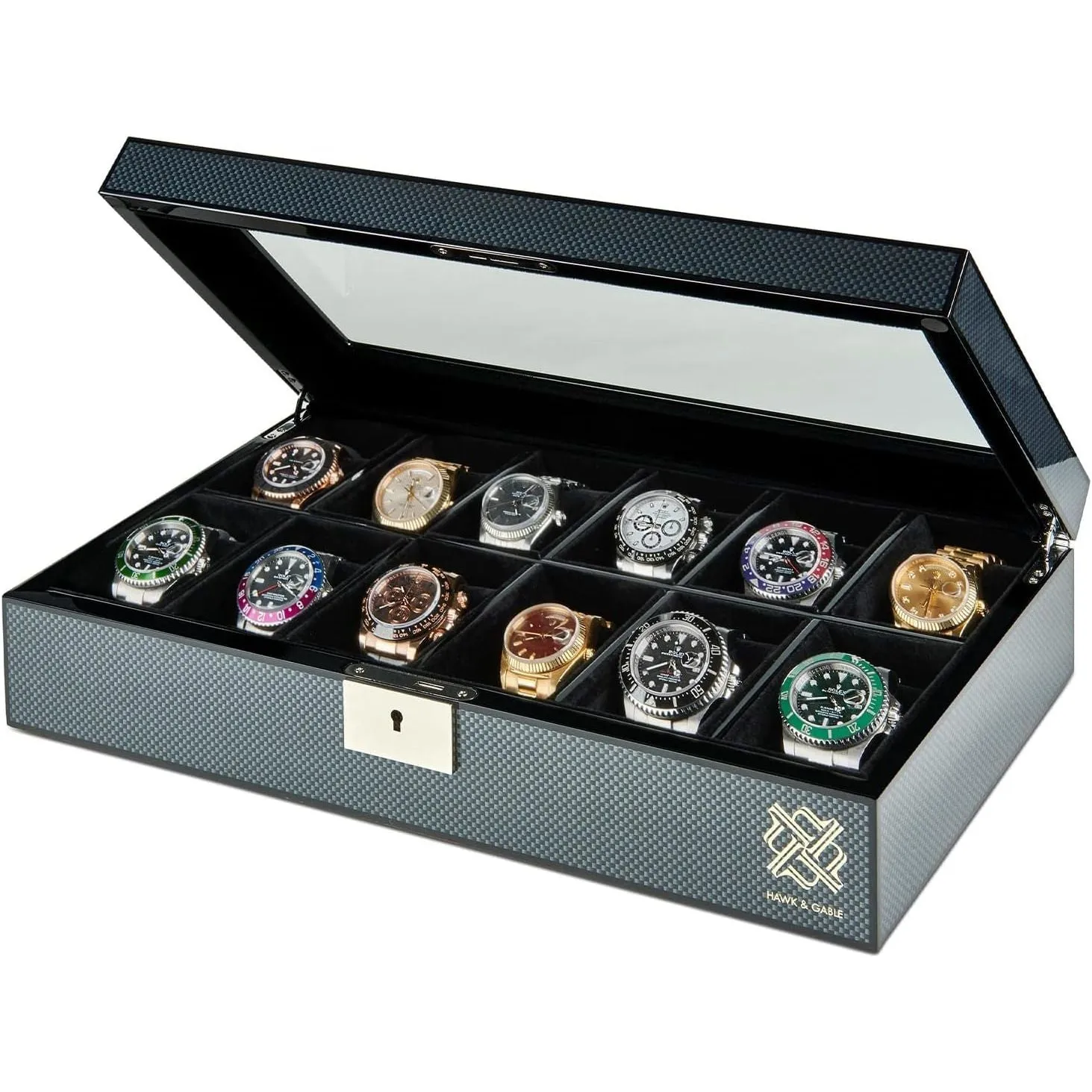 Elegant 12 Slot Watch Box Organizer with Lock | Premium Watch Display Case & Jewelry Case | Storage Cases for Watches | Spacious Glass Lid | Carbon Fiber Design Wooden Watch Holder