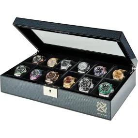 Elegant 12 Slot Watch Box Organizer with Lock | Premium Watch Display Case & Jewelry Case | Storage Cases for Watches | Spacious Glass Lid | Carbon Fiber Design Wooden Watch Holder