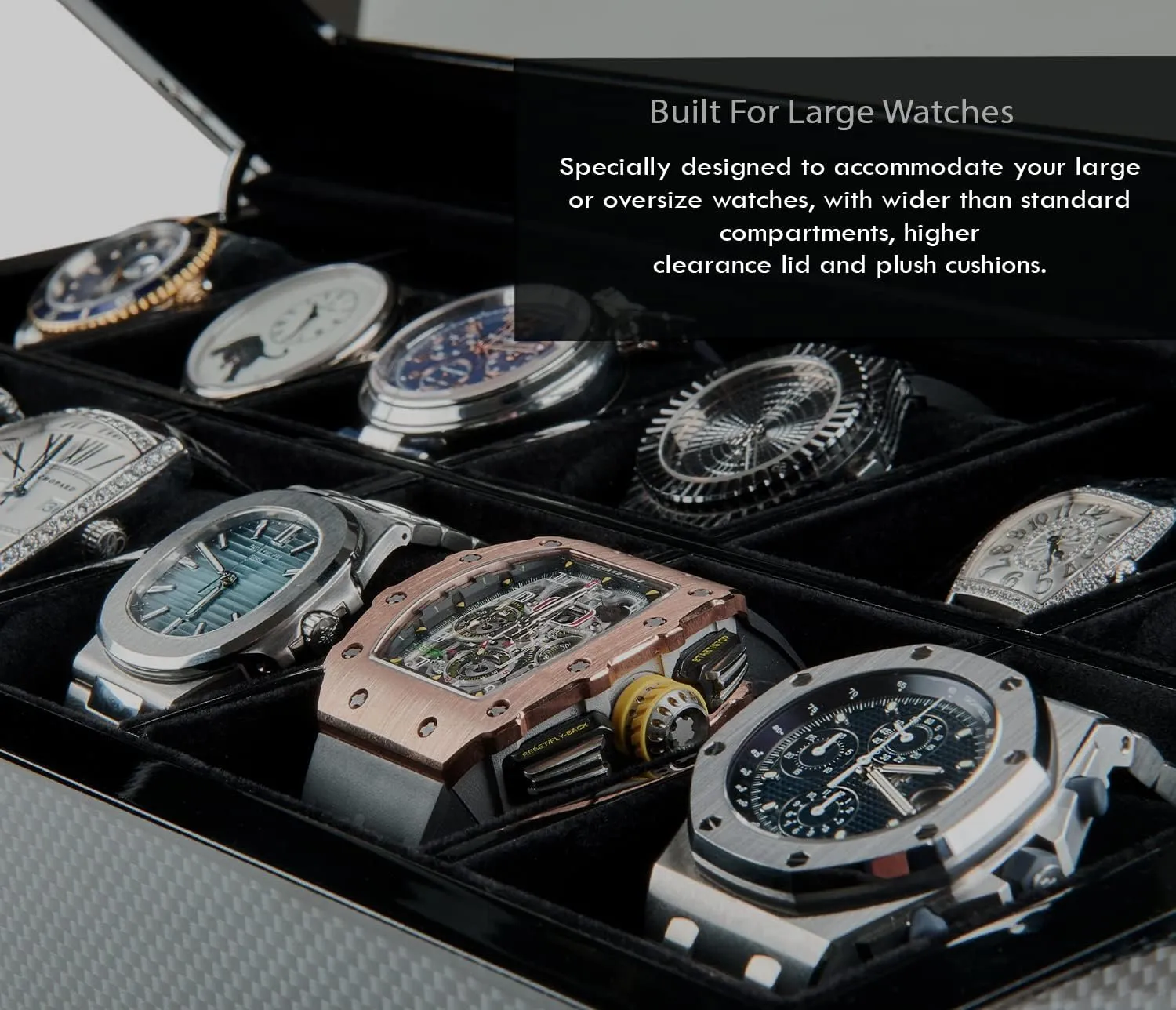Elegant 12 Slot Watch Box Organizer with Lock | Premium Watch Display Case & Jewelry Case | Storage Cases for Watches | Spacious Glass Lid | Carbon Fiber Design Wooden Watch Holder