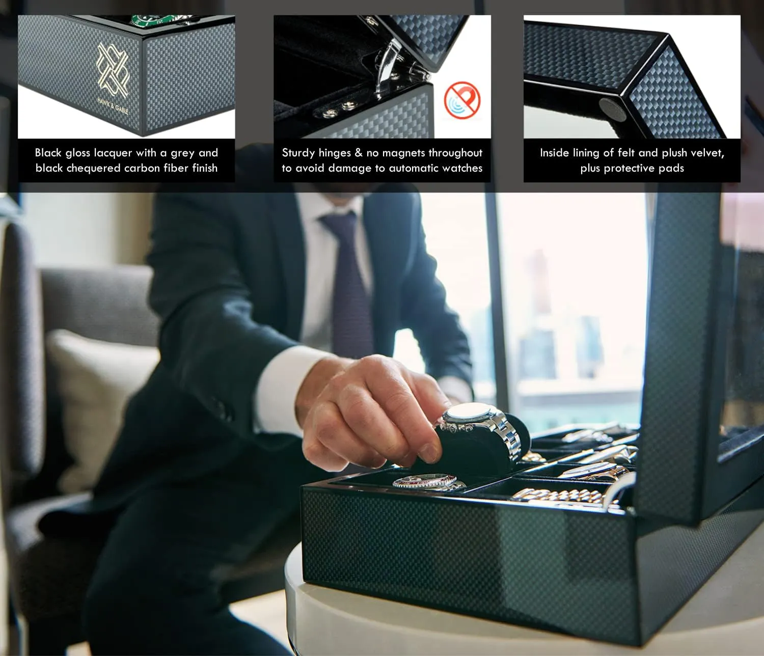 Elegant 12 Slot Watch Box Organizer with Lock | Premium Watch Display Case & Jewelry Case | Storage Cases for Watches | Spacious Glass Lid | Carbon Fiber Design Wooden Watch Holder