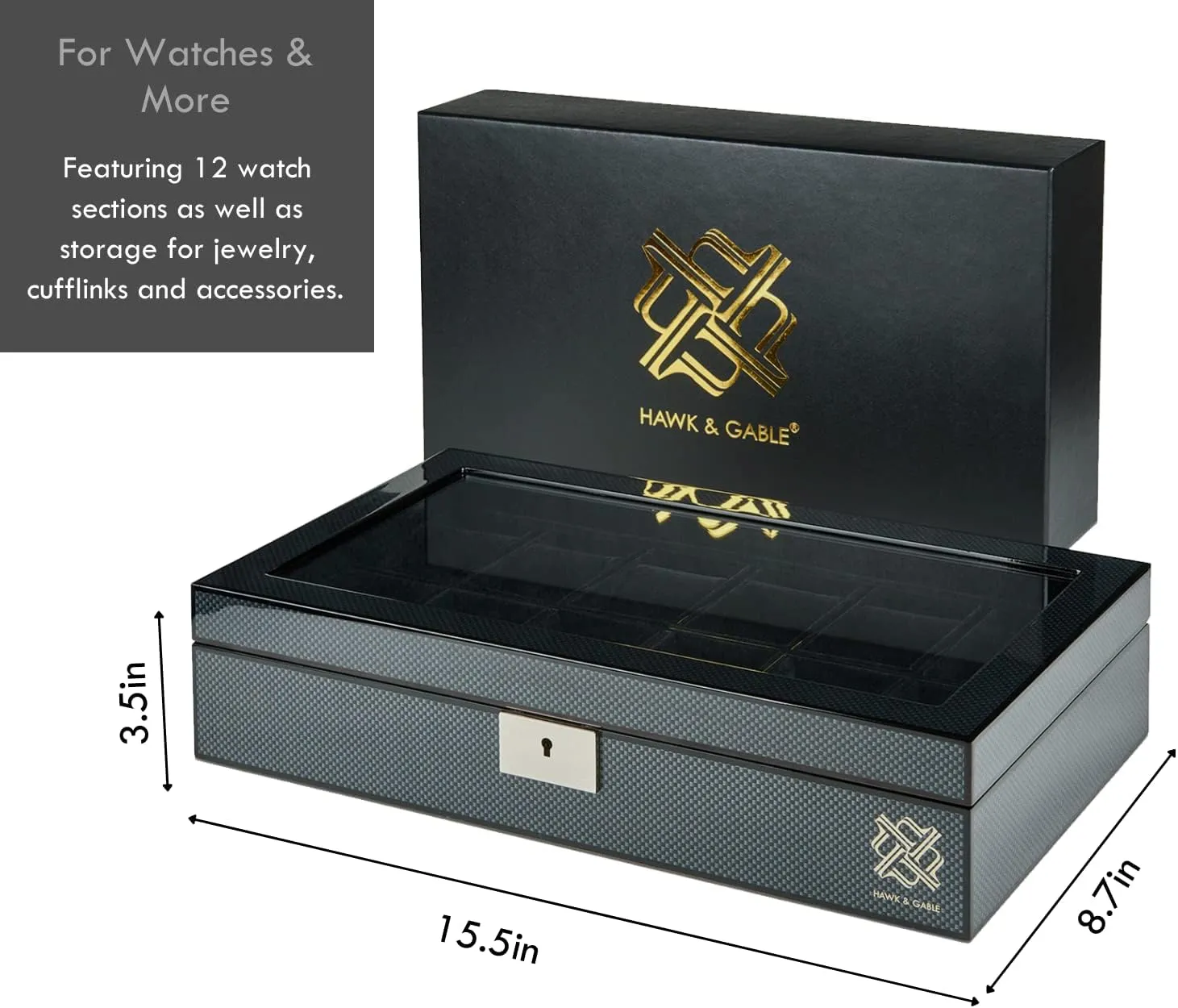 Elegant 12 Slot Watch Box Organizer with Lock | Premium Watch Display Case & Jewelry Case | Storage Cases for Watches | Spacious Glass Lid | Carbon Fiber Design Wooden Watch Holder