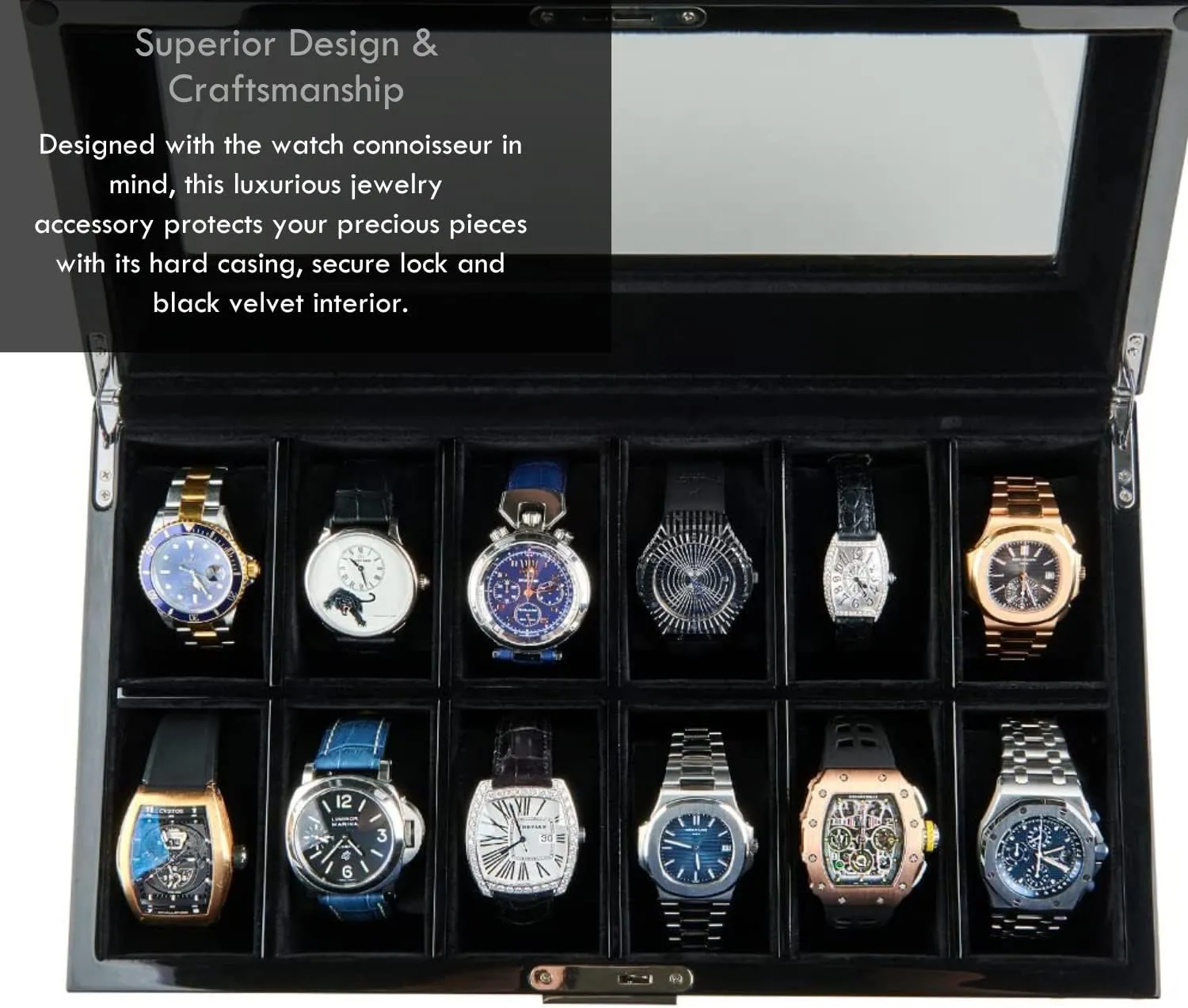 Elegant 12 Slot Watch Box Organizer with Lock | Premium Watch Display Case & Jewelry Case | Storage Cases for Watches | Spacious Glass Lid | Carbon Fiber Design Wooden Watch Holder