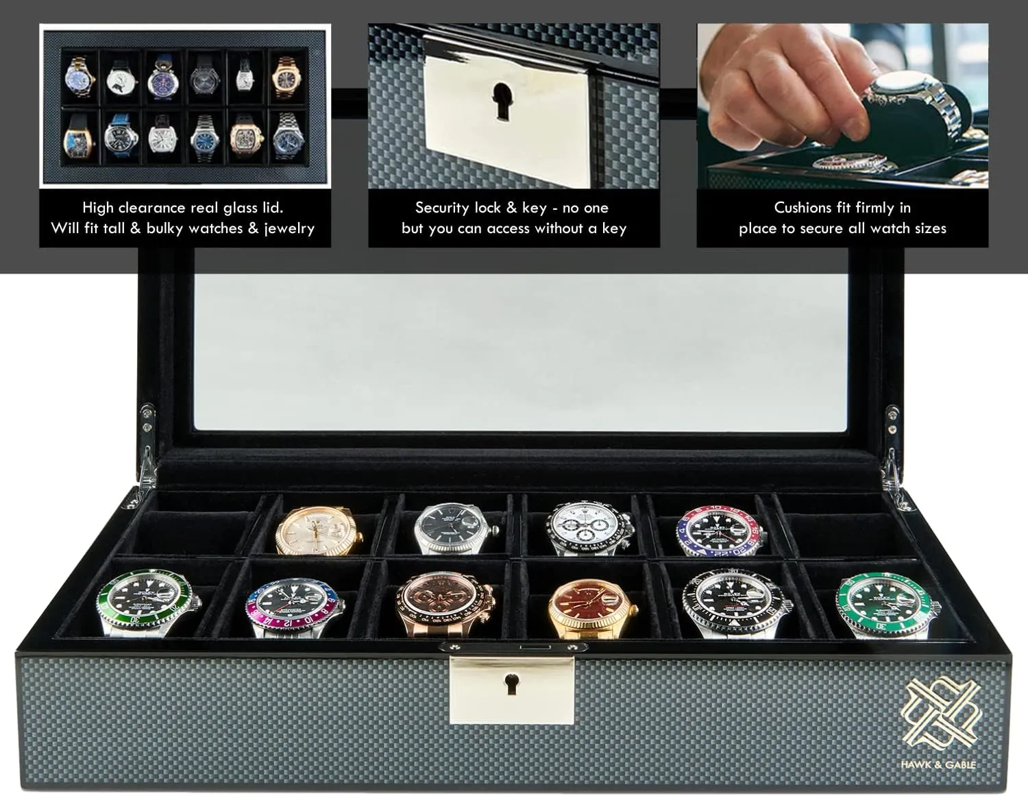 Elegant 12 Slot Watch Box Organizer with Lock | Premium Watch Display Case & Jewelry Case | Storage Cases for Watches | Spacious Glass Lid | Carbon Fiber Design Wooden Watch Holder