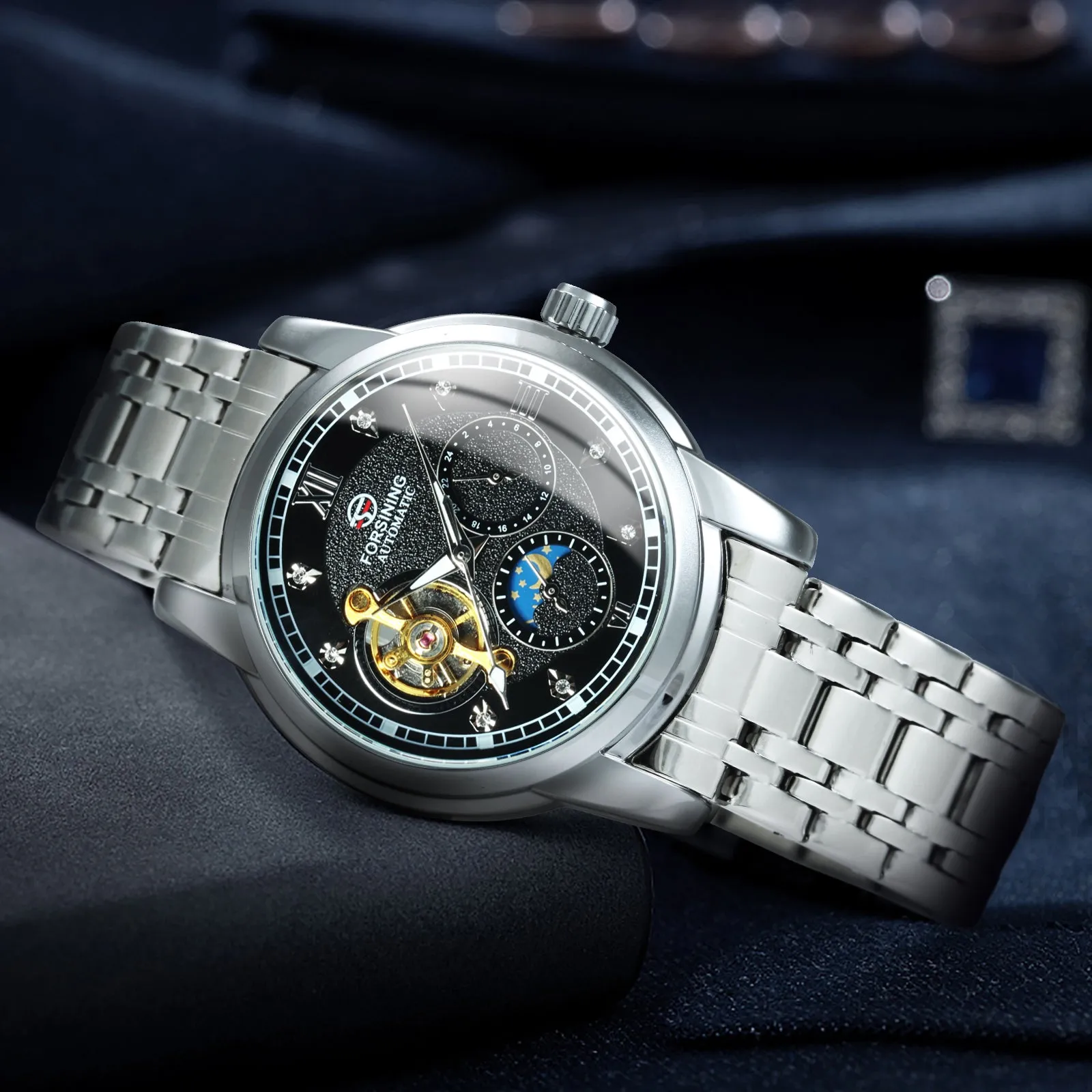 Forsining Tourbillon Moon Phase Skeleton Automatic Mechanical Watch for Men Fashion Diamond NO.6018S